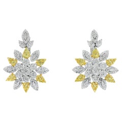 Sunburst Diamond and Yellow Sapphire Dangle Earrings in 18K White Gold