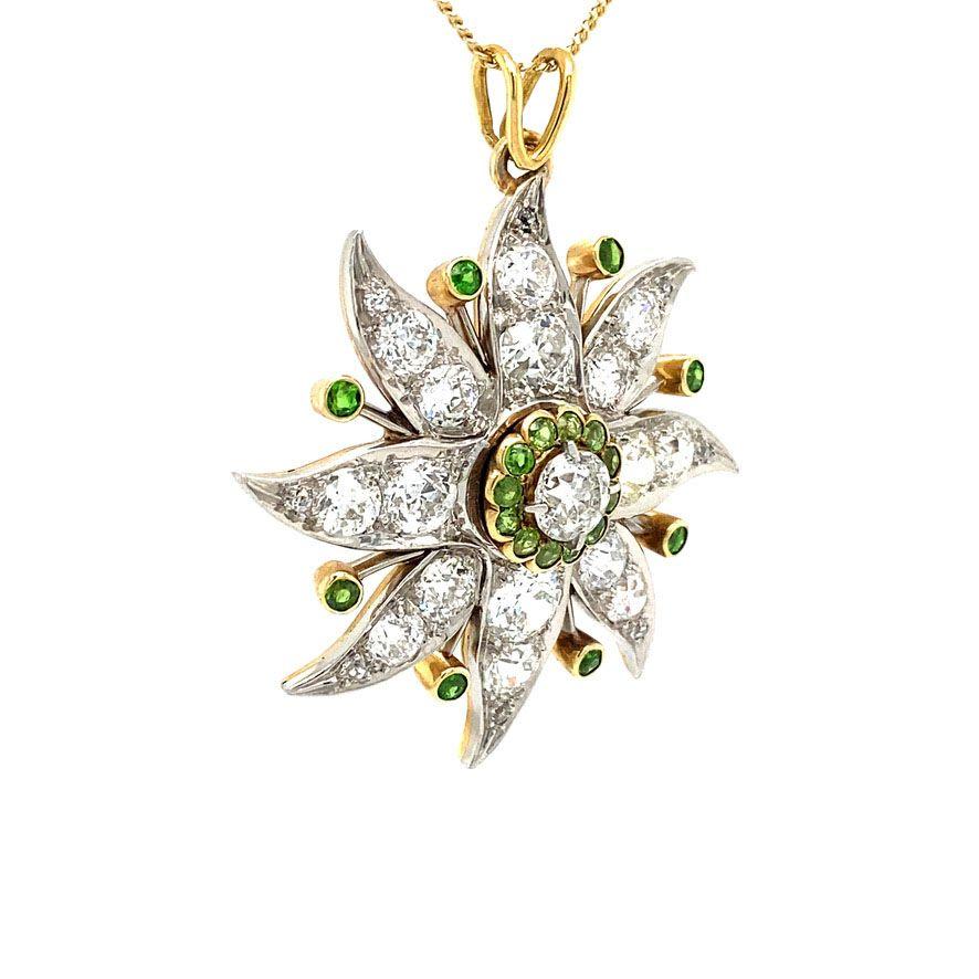 This sunburst pendant is made from 14 carat yellow gold and platinum set with bolshevik cut diamonds and peridot. 

Material: Yellow gold and platinum
Quality: 14 carat and 900
Diamond/Bolshevik cut: +- 1x 0.75ct., 2x 0.60ct., 2x 0.38ct., 4x