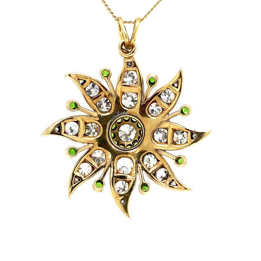 Victorian Sunburst with Diamond and Peridot Platina Gold Pendant  For Sale