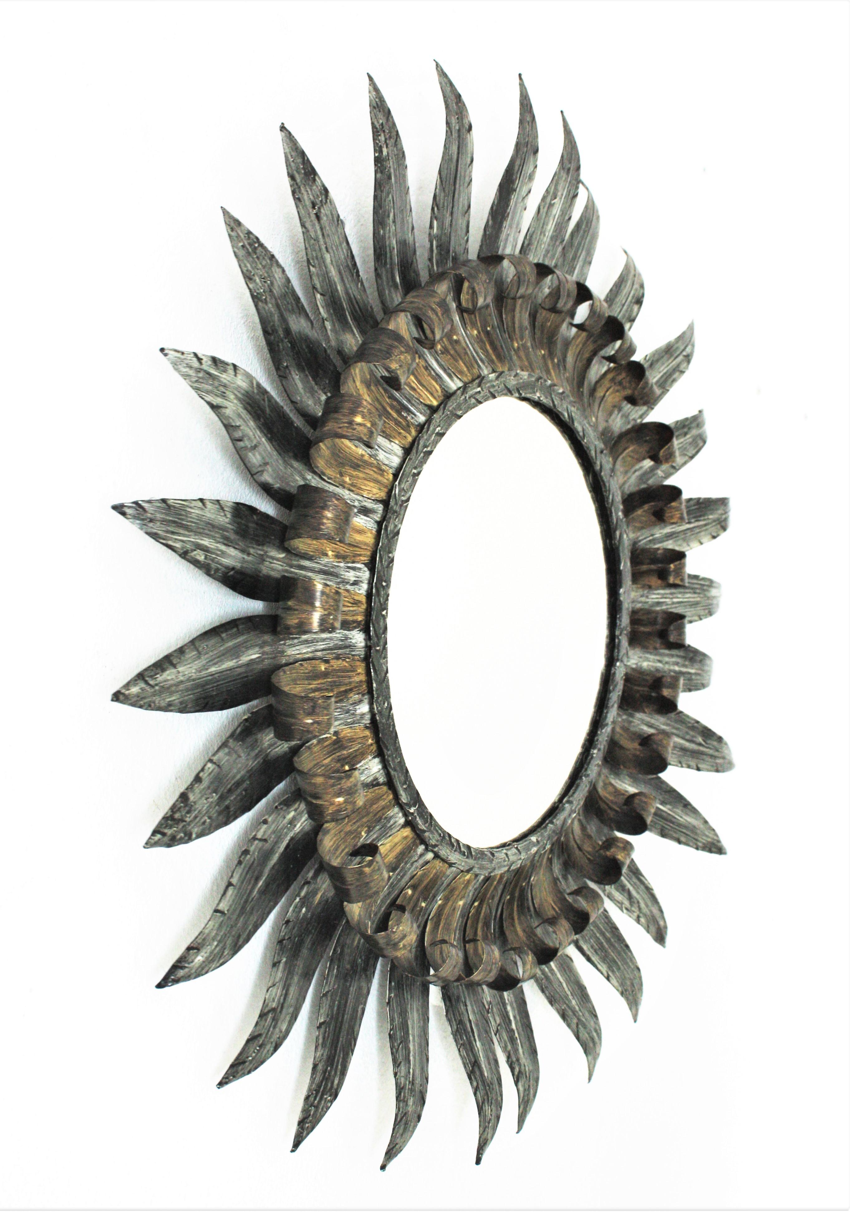 Spanish Sunburst Eyelash Mirror with Double Layered Bicolor Gilt Silvered Metal Frame For Sale