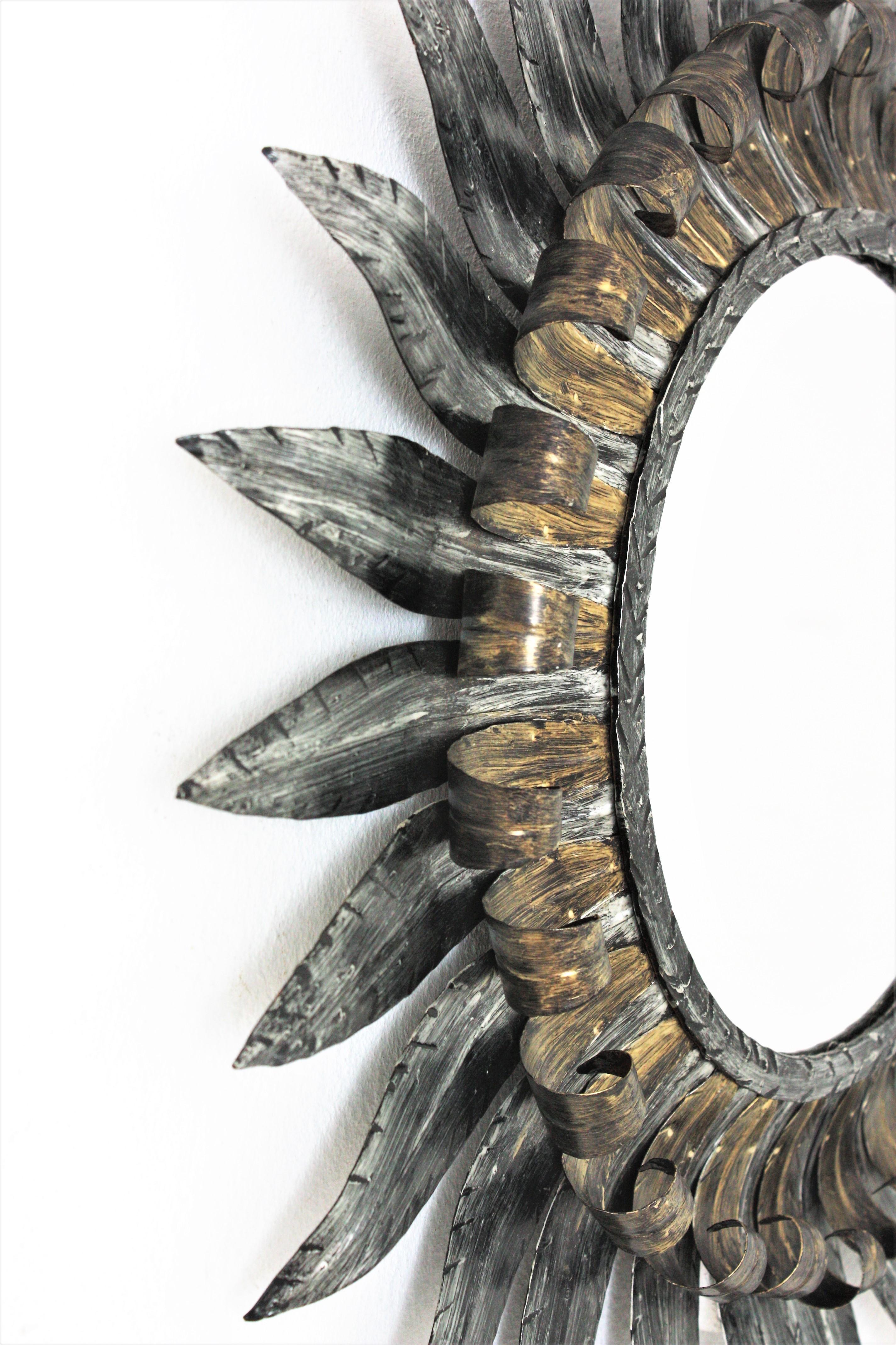 Hammered Sunburst Eyelash Mirror with Double Layered Bicolor Gilt Silvered Metal Frame For Sale