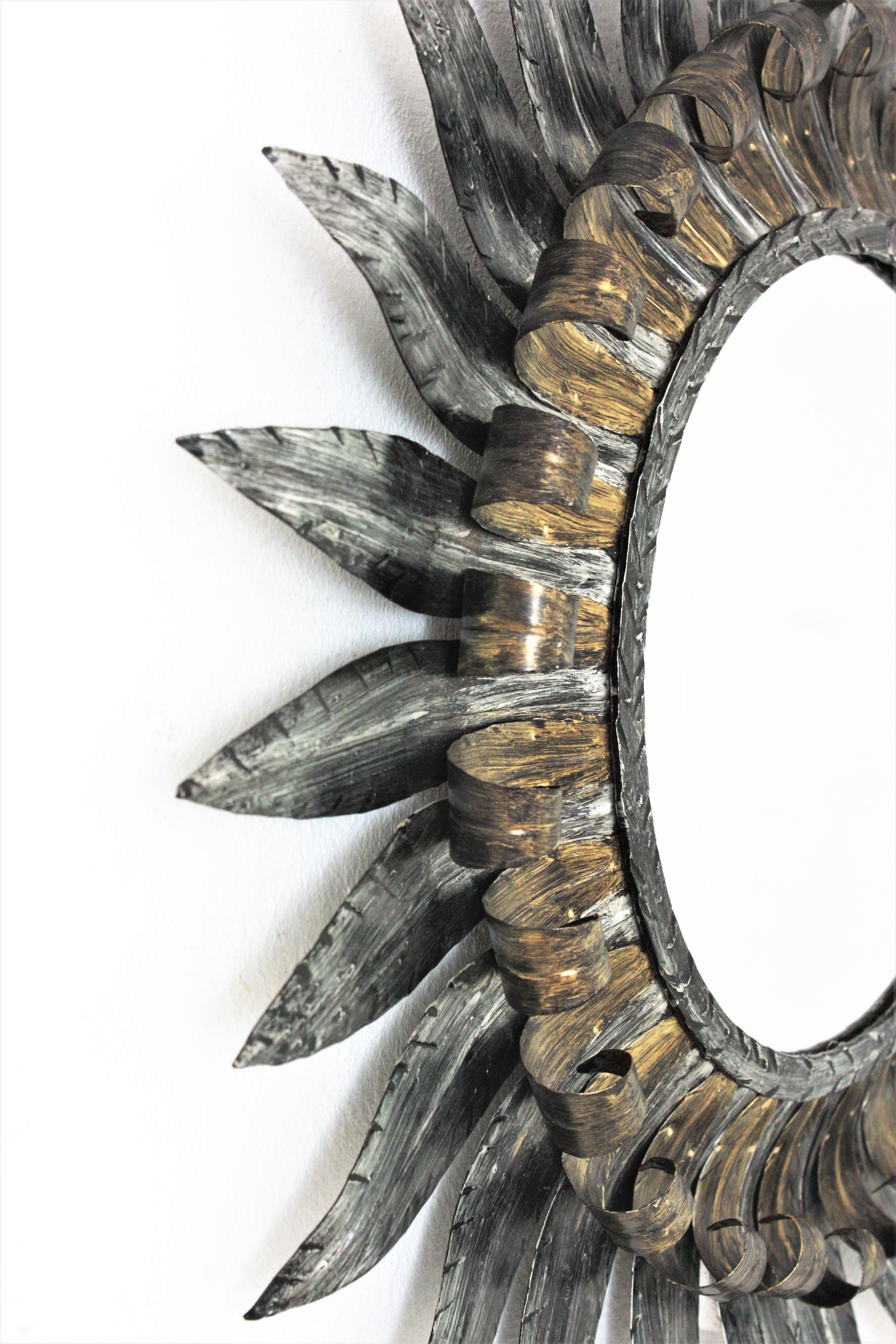 Hammered Sunburst Eyelash Mirror with Double Layered Bicolor Gilt Silvered Iron Frame For Sale