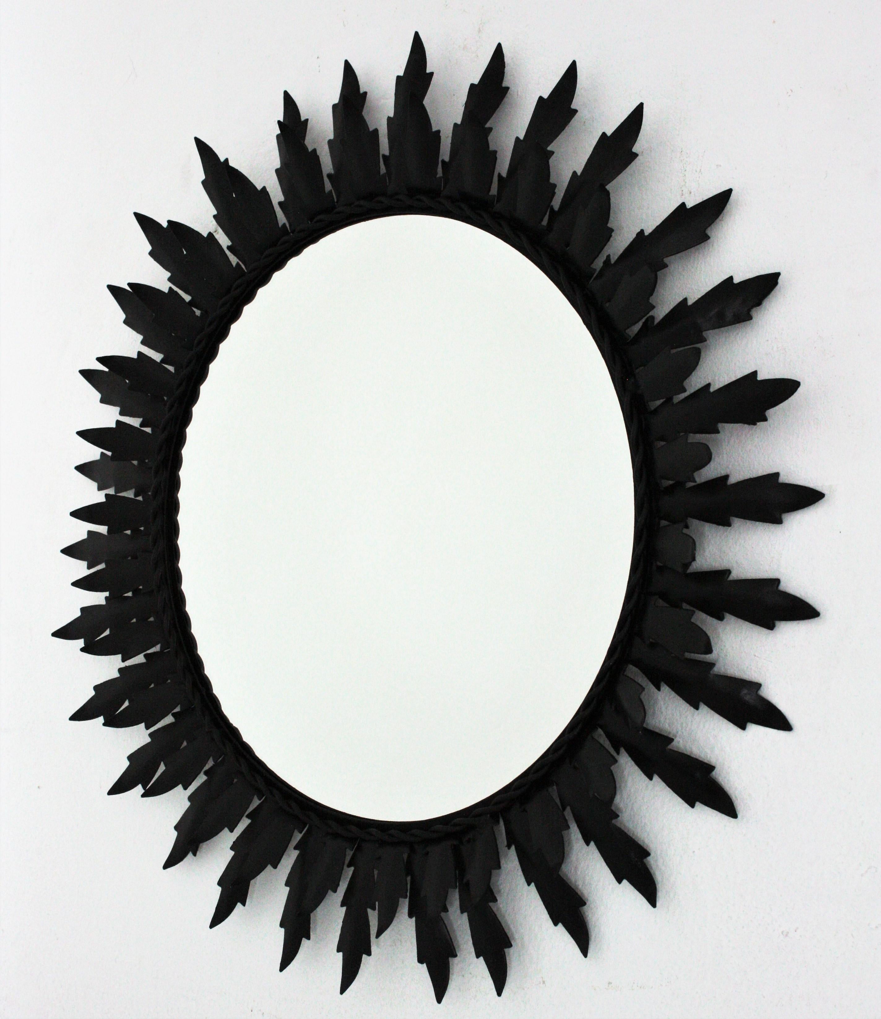 Mid-Century Modern Sunburst Double Layered Mirror in Black Iron For Sale