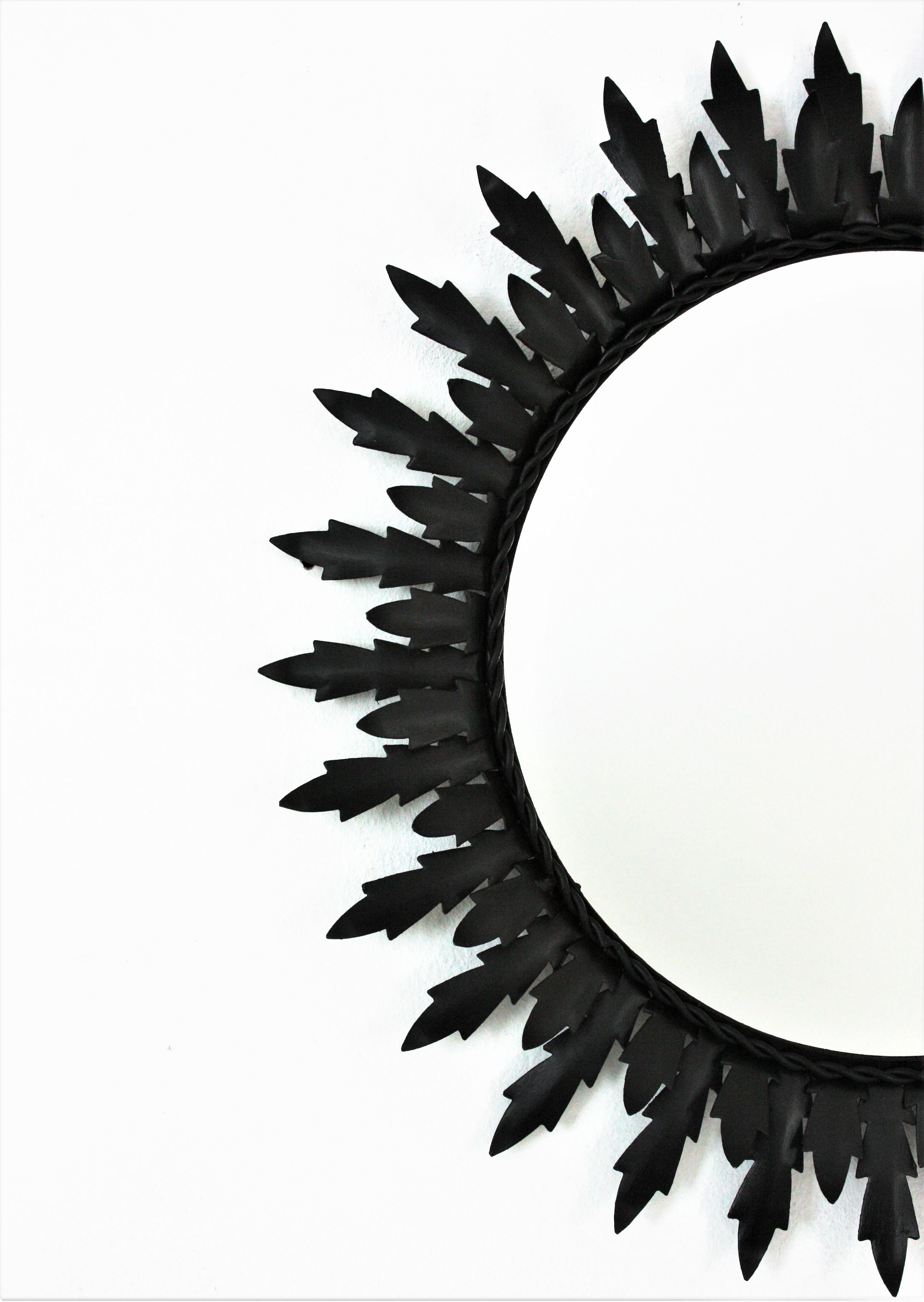 Spanish Sunburst Double Layered Mirror in Black Iron For Sale