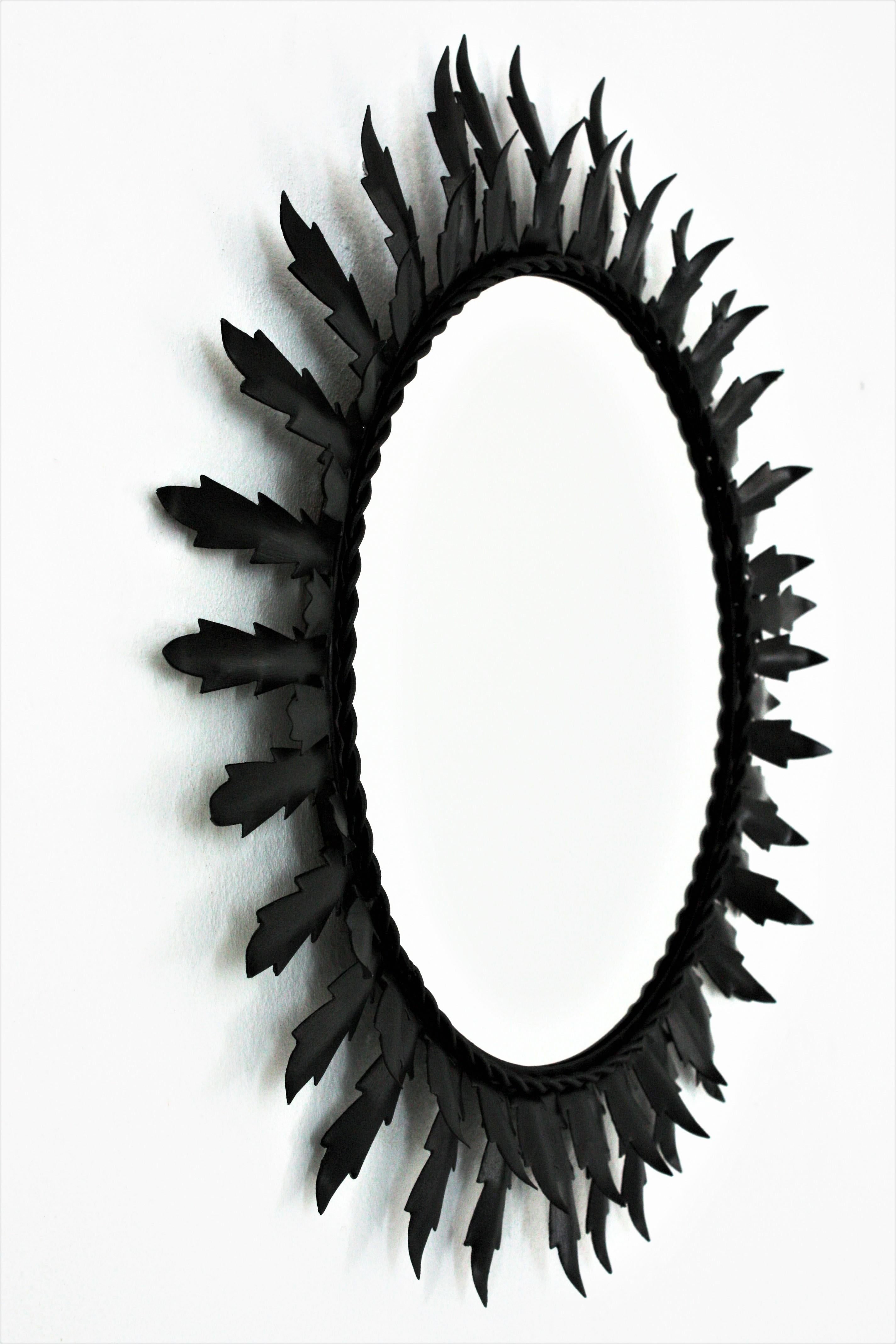 Painted Sunburst Double Layered Mirror in Black Iron For Sale