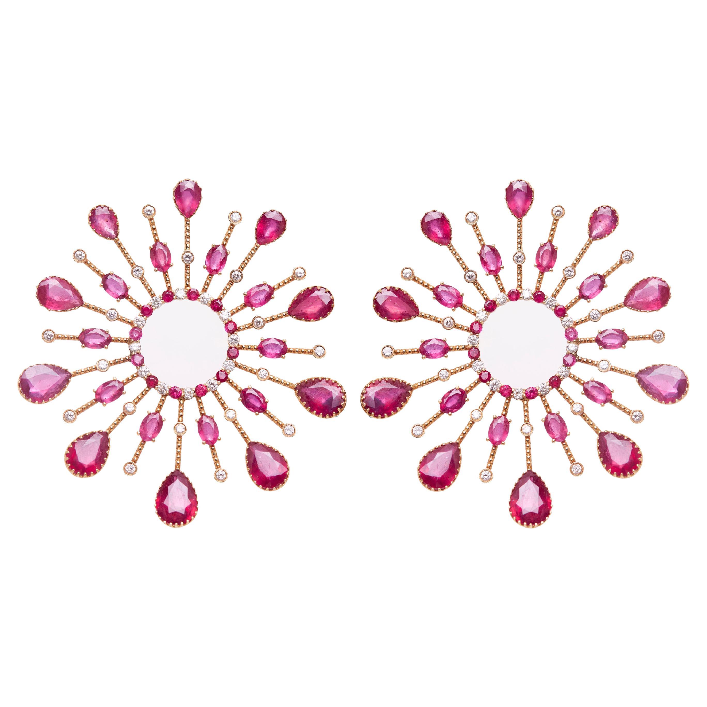 Sunburst Earrings in 18kt Gold, Diamonds & Rubies
