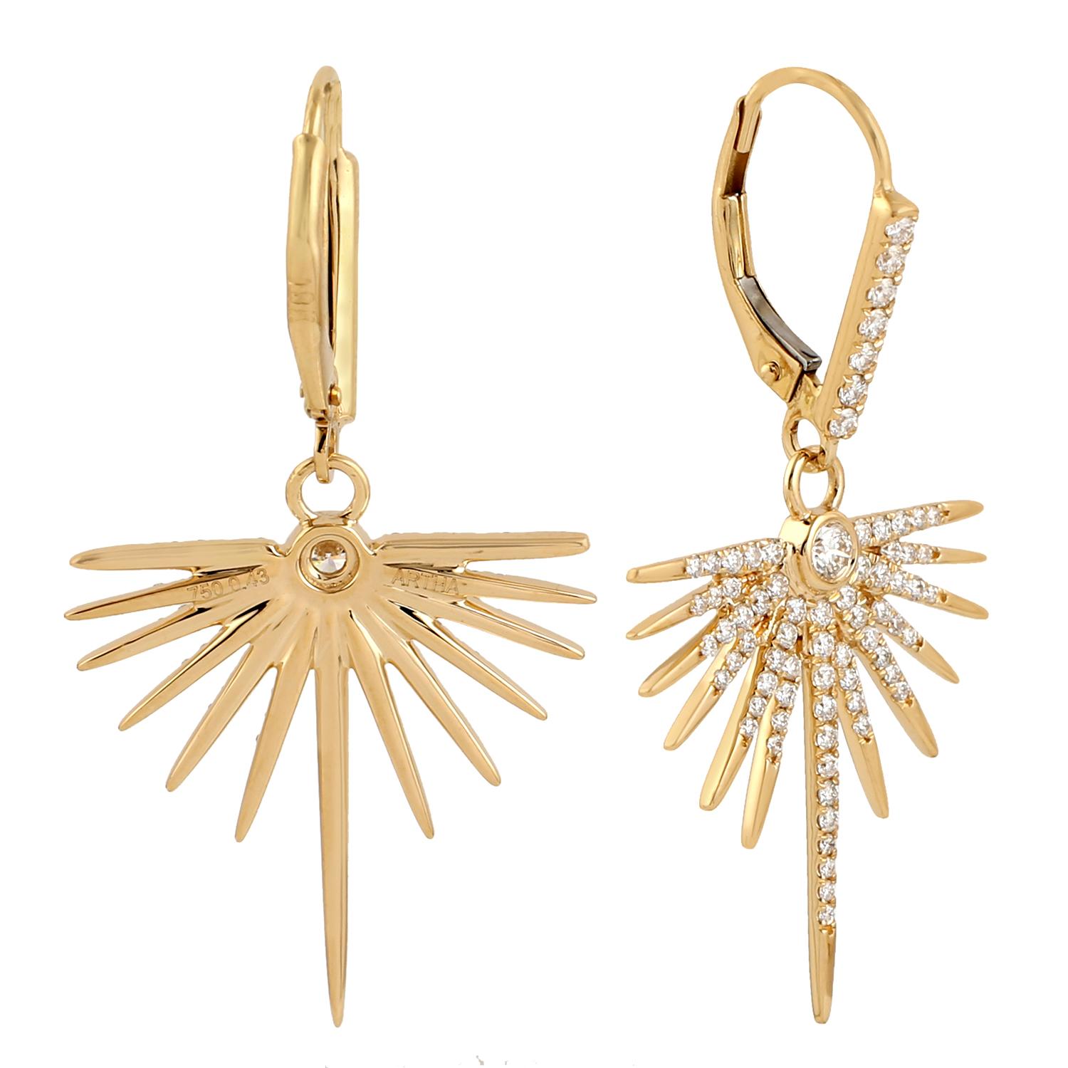 Artisan Sunburst Earrings With Diamonds Made In 18k Yellow Gold For Sale