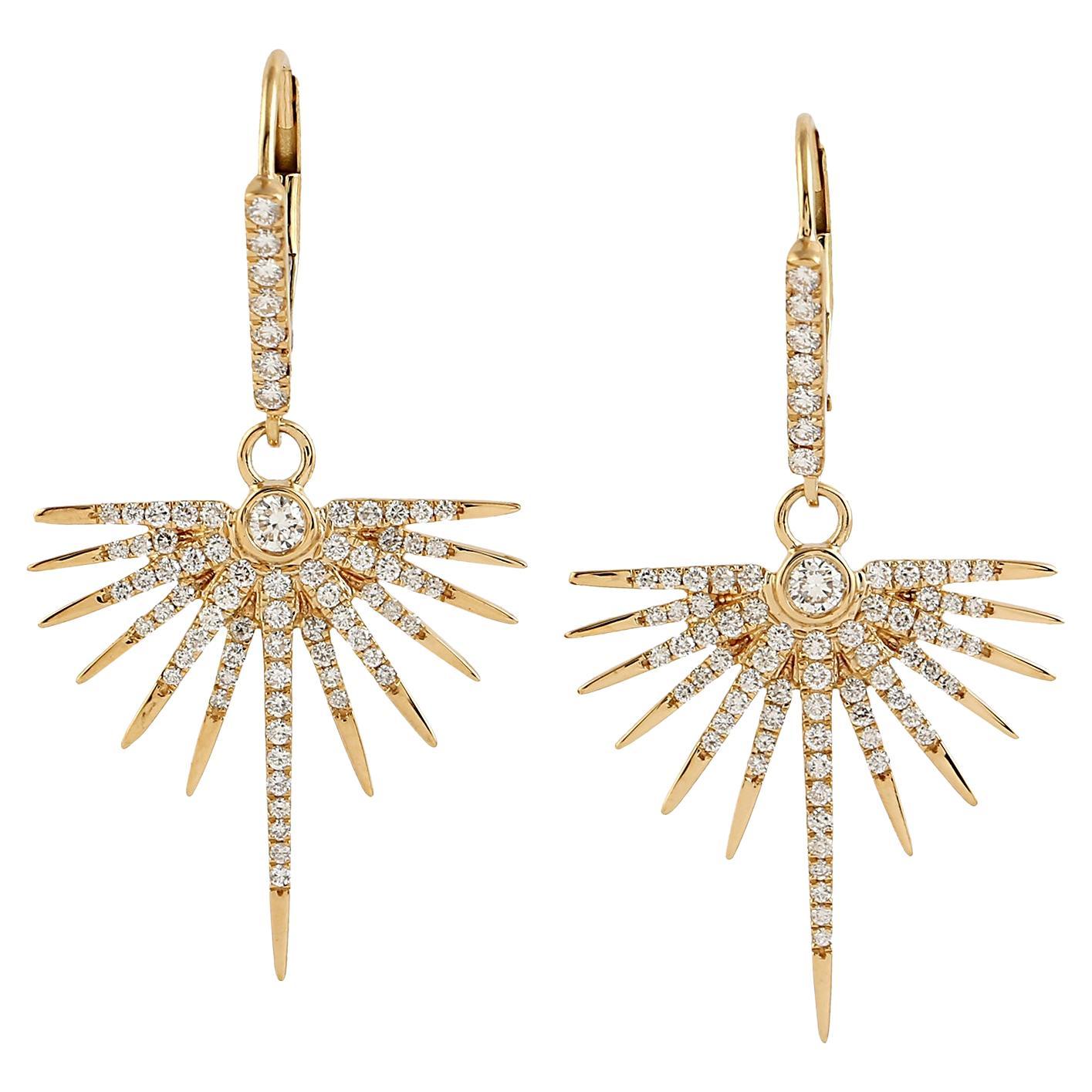 Sunburst Earrings With Diamonds Made In 18k Yellow Gold For Sale