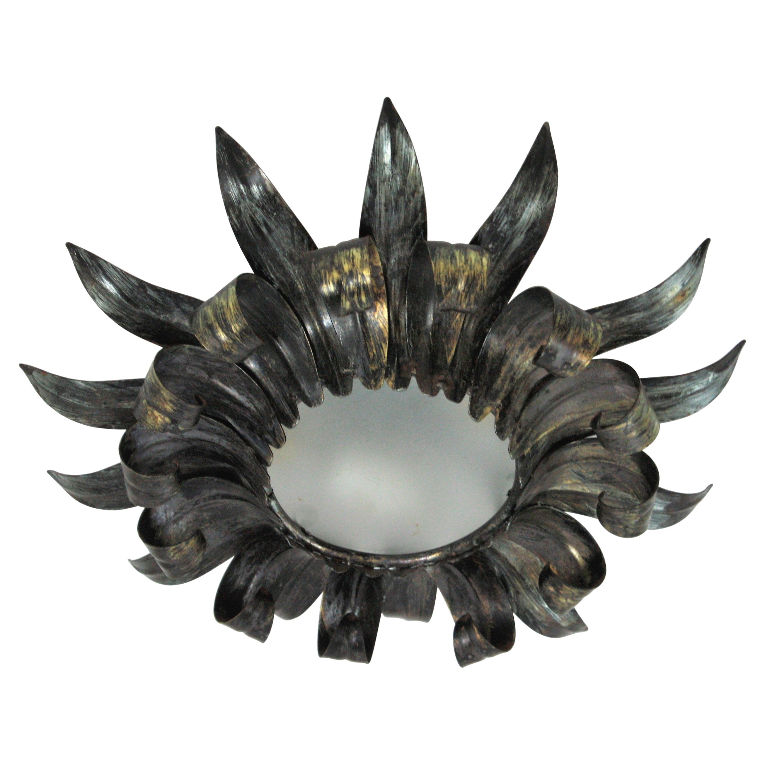 Sunburst Eyelash Ceiling Light Fixture in Silvered Metal & Frosted Glass, 1950s For Sale