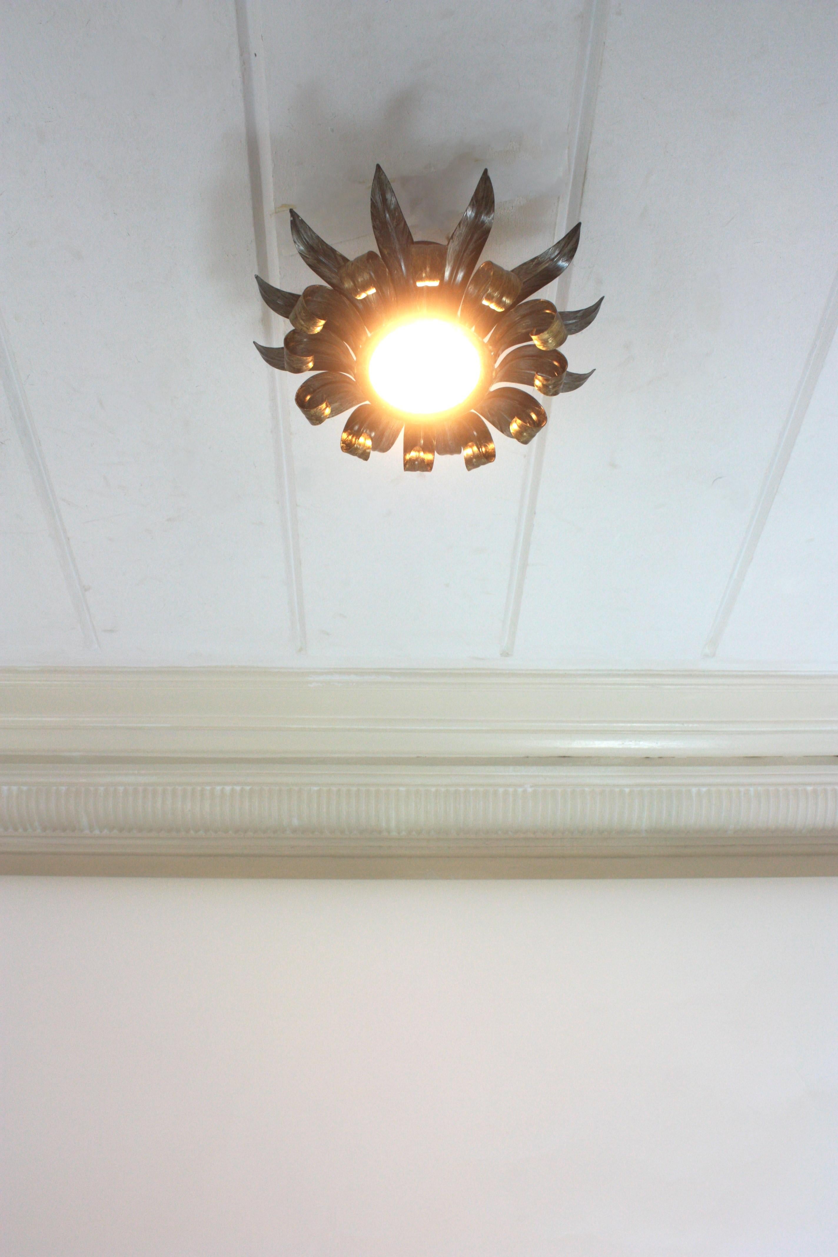 Sunburst Eyelash Flush Mount Light Fixture en métal argenté doré en vente 2