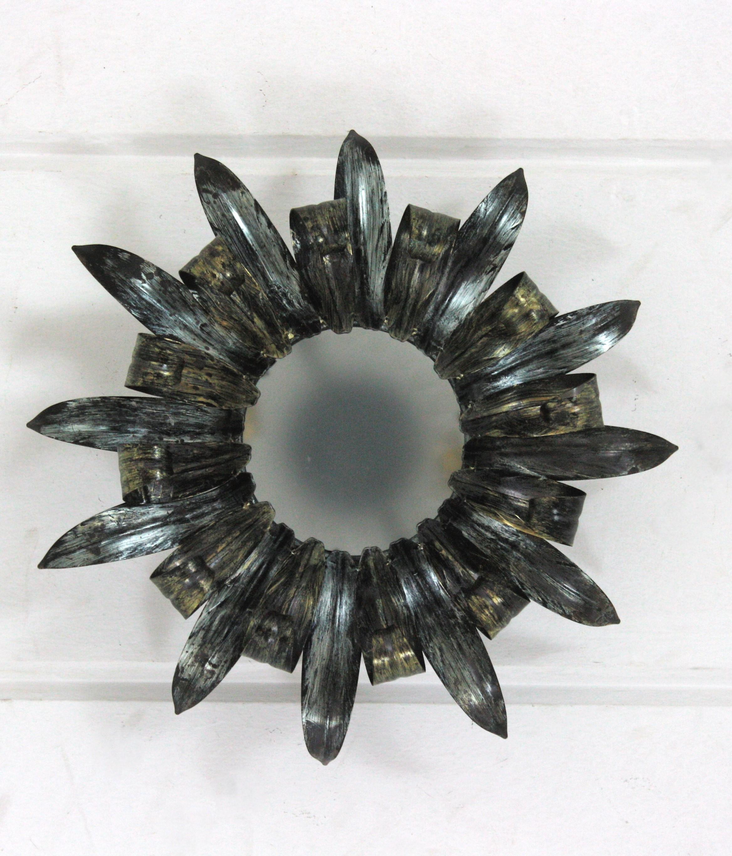 French Sunburst Eyelash Flush Mount Light Fixture, Silvered Metal and Frosted Glass For Sale