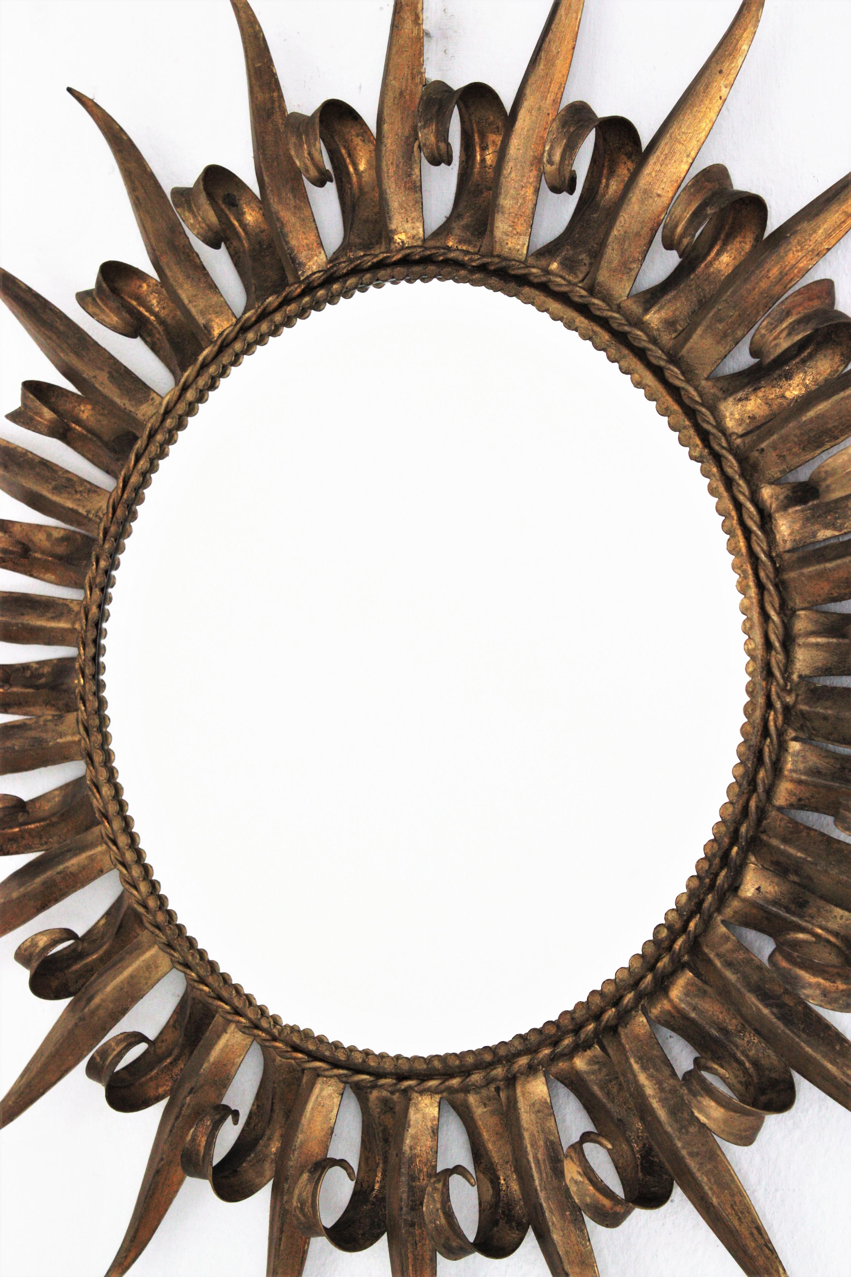 Brutalist Sunburst Eyelash Gilt Wrought Iron Round Mirror