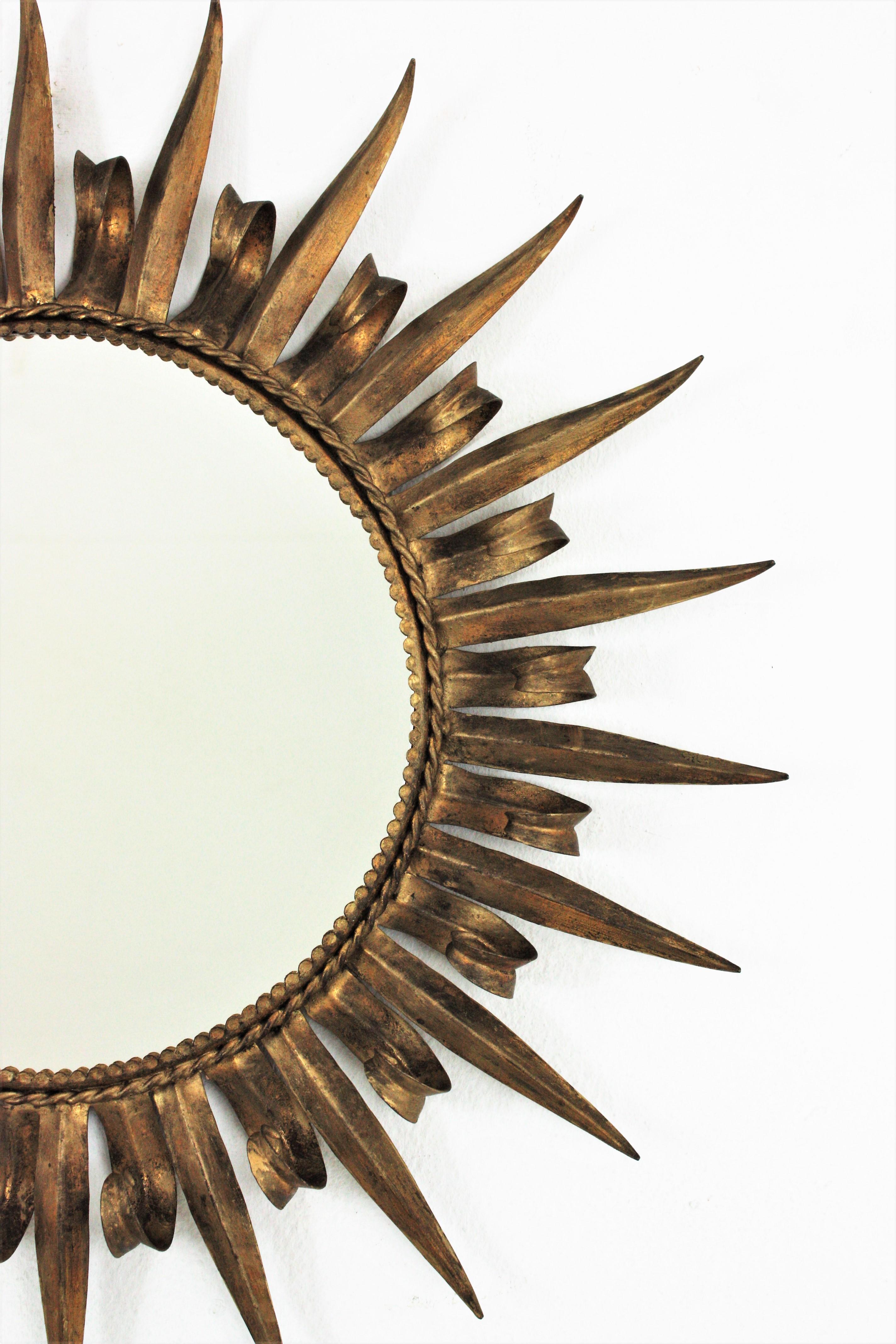 20th Century Sunburst Eyelash Gilt Wrought Iron Round Mirror