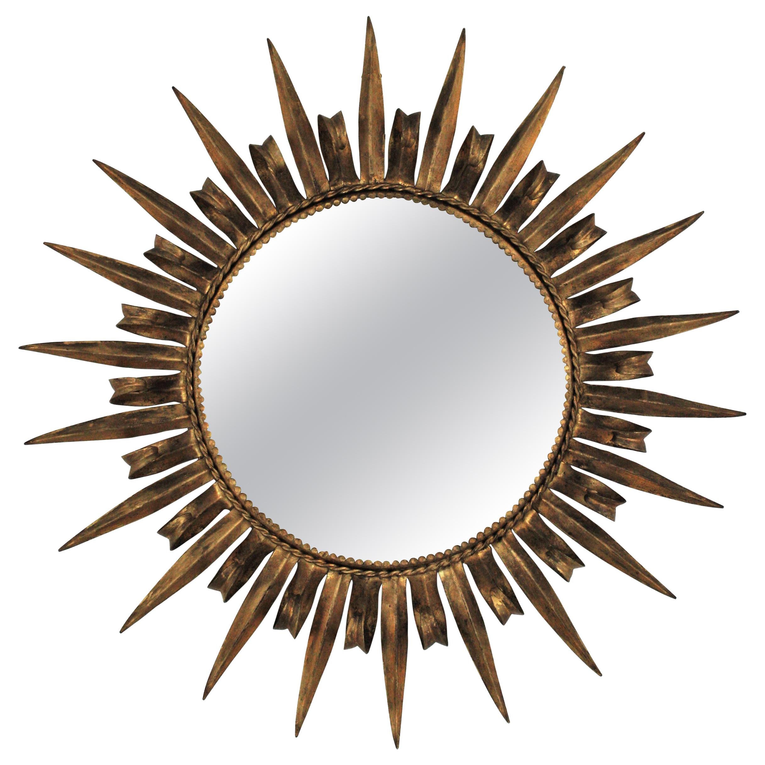 Sunburst Eyelash Gilt Wrought Iron Round Mirror