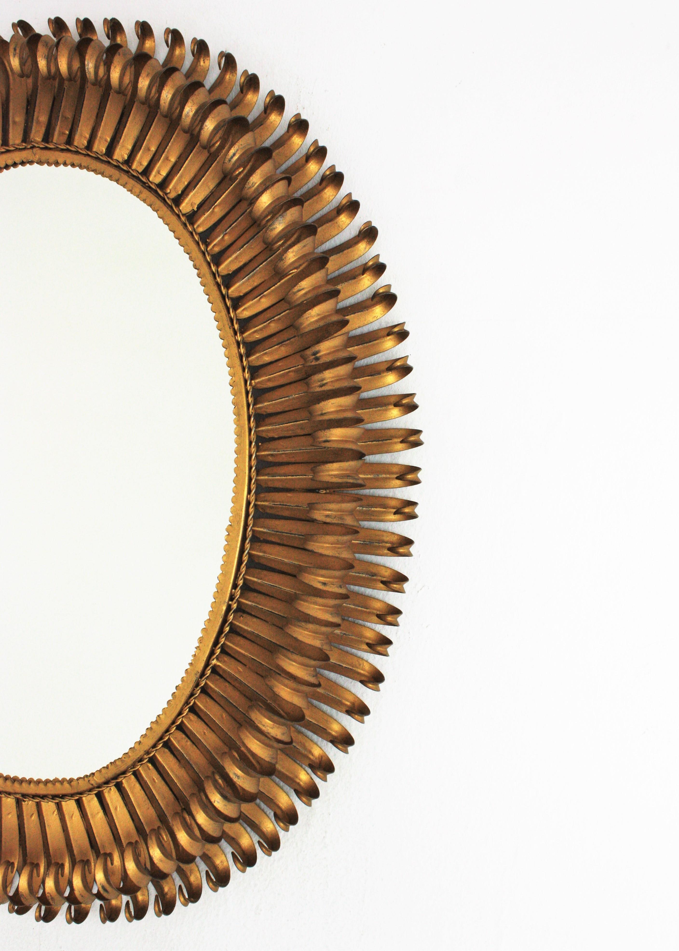 Metal Sunburst Eyelash Large Oval Mirror in Gilt Wrought Iron For Sale
