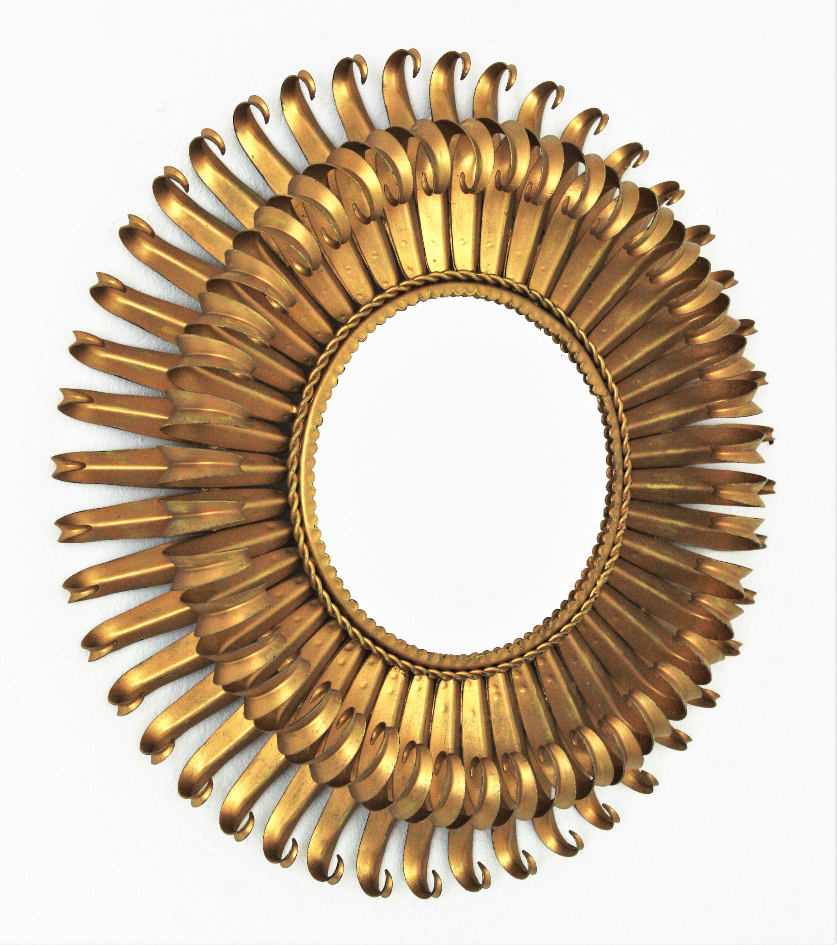 Mid-Century Modern Sunburst Eyelash Mirror in Gilt Wrought Iron