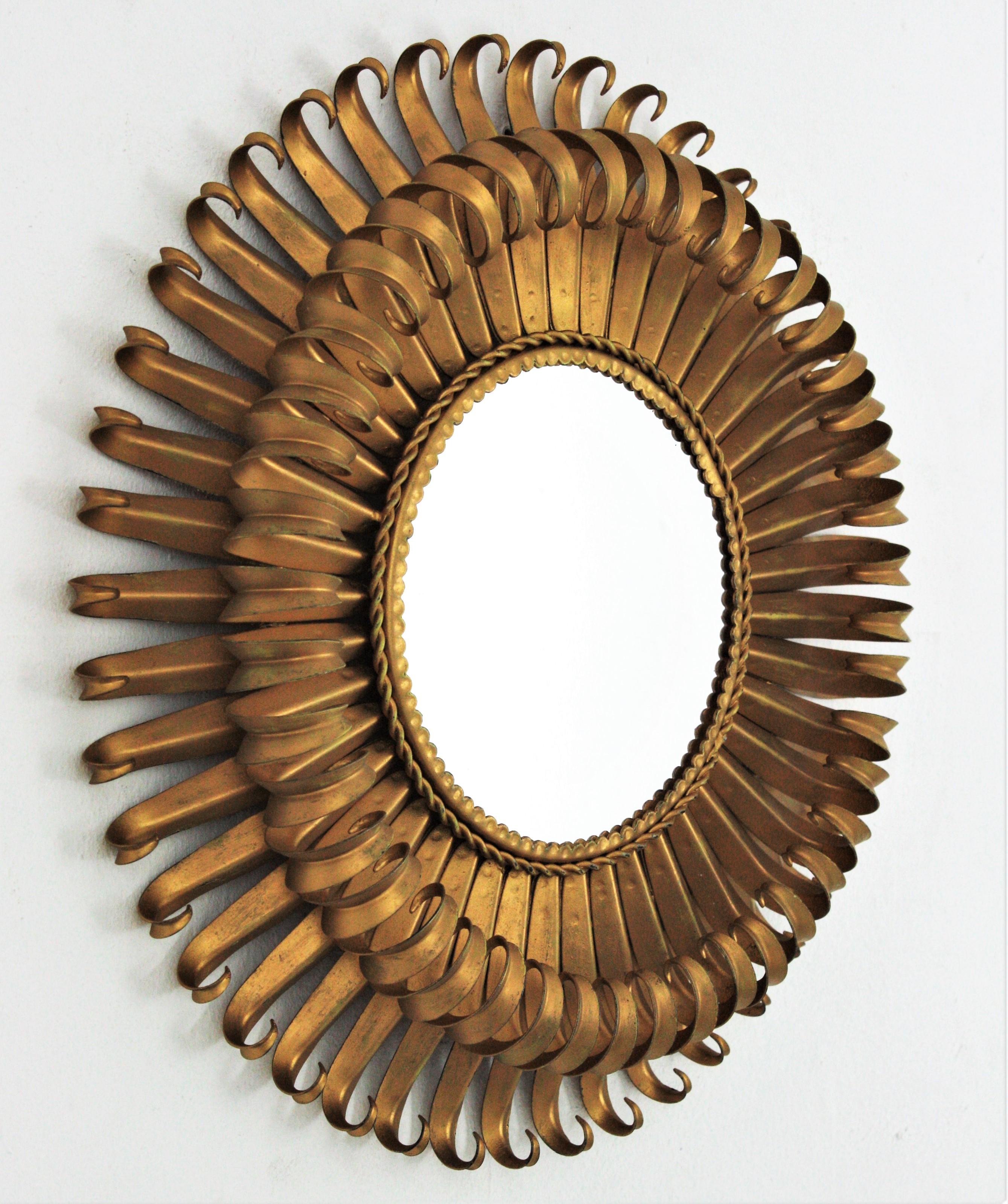French Sunburst Eyelash Mirror in Gilt Wrought Iron