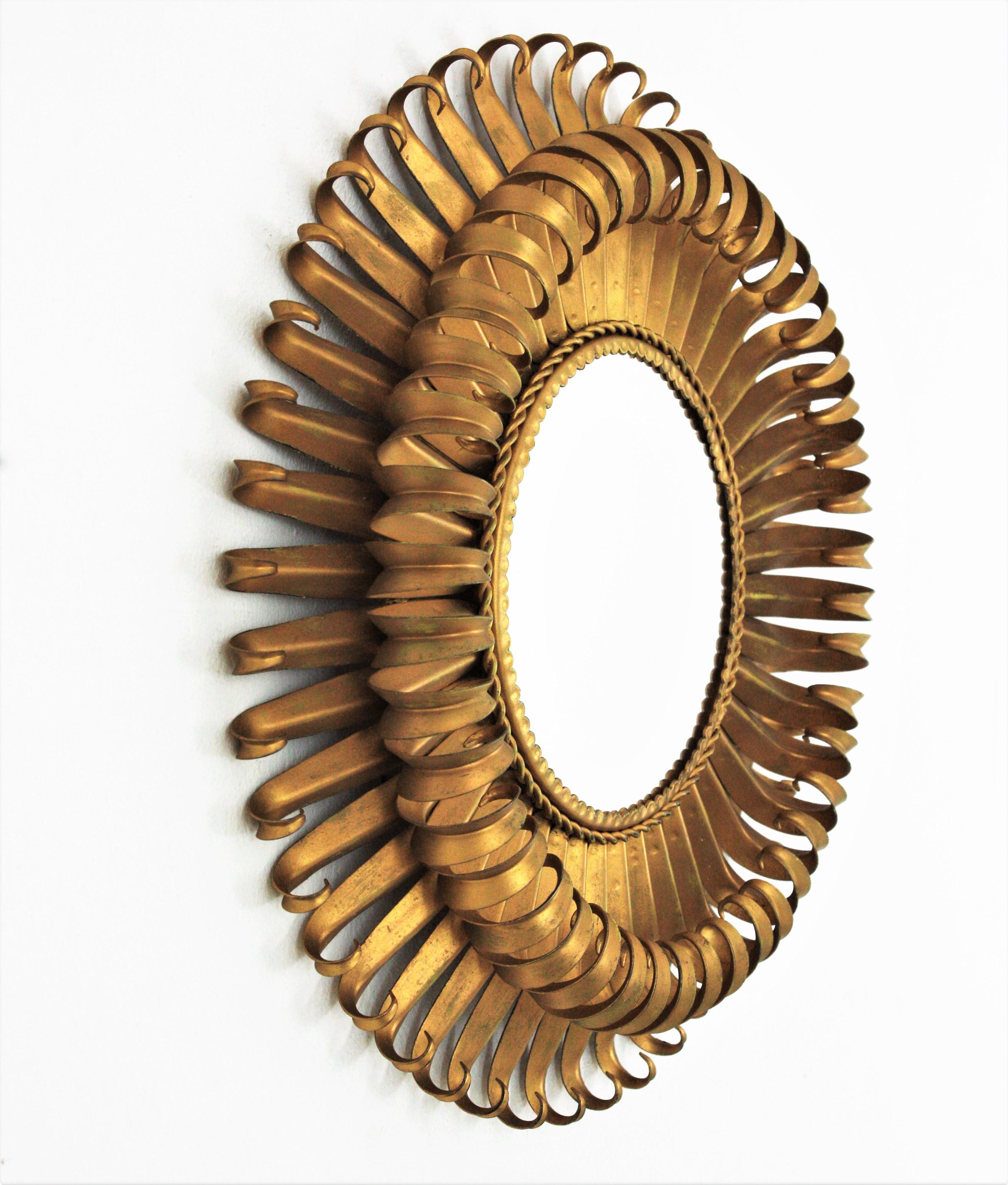 Hammered Sunburst Eyelash Mirror in Gilt Wrought Iron