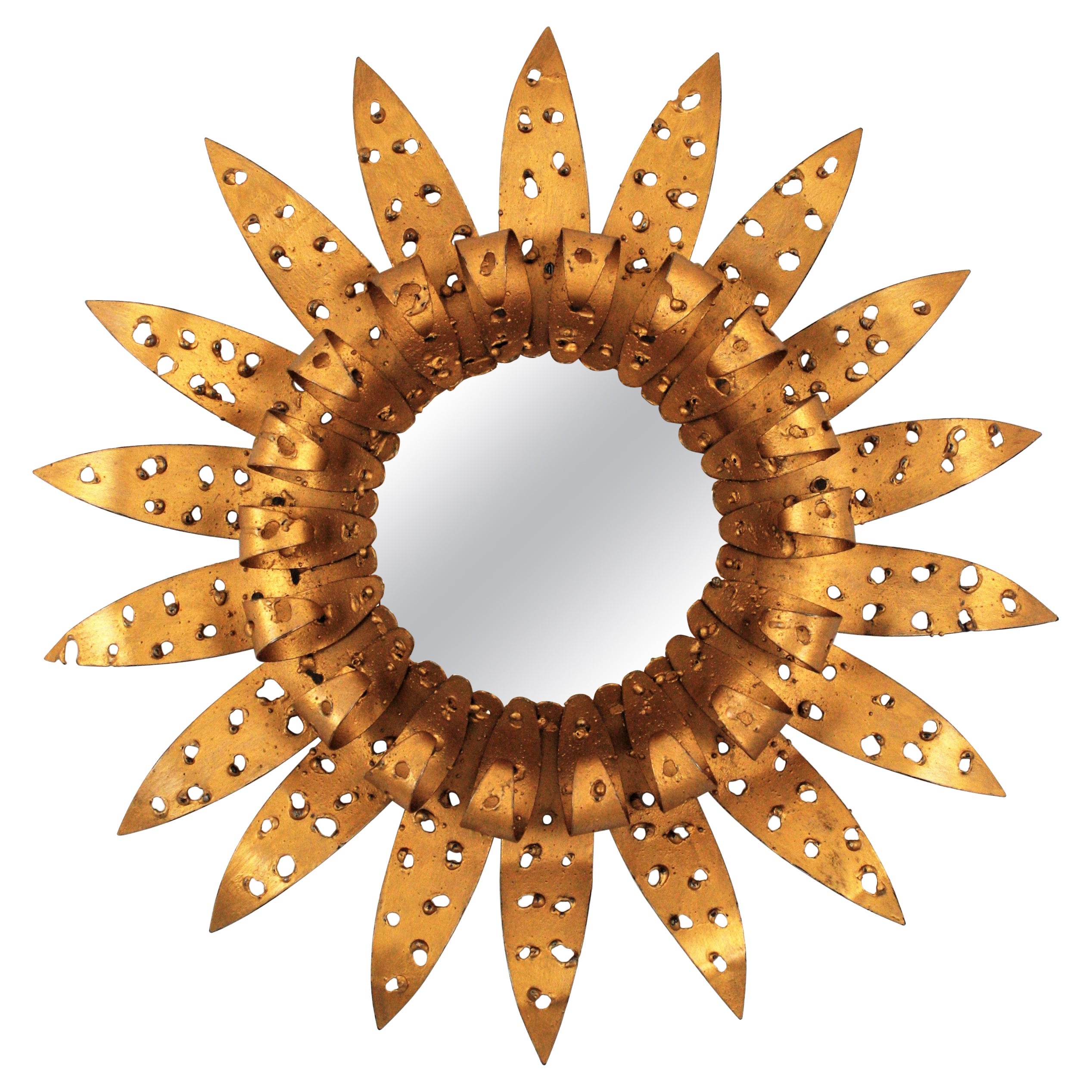 Sunburst Eyelash Perforated Brutalist Mirror in Gilt Iron, 1960s