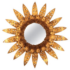 Sunburst Eyelash Perforated Brutalist Mirror in Gilt Iron, 1960s