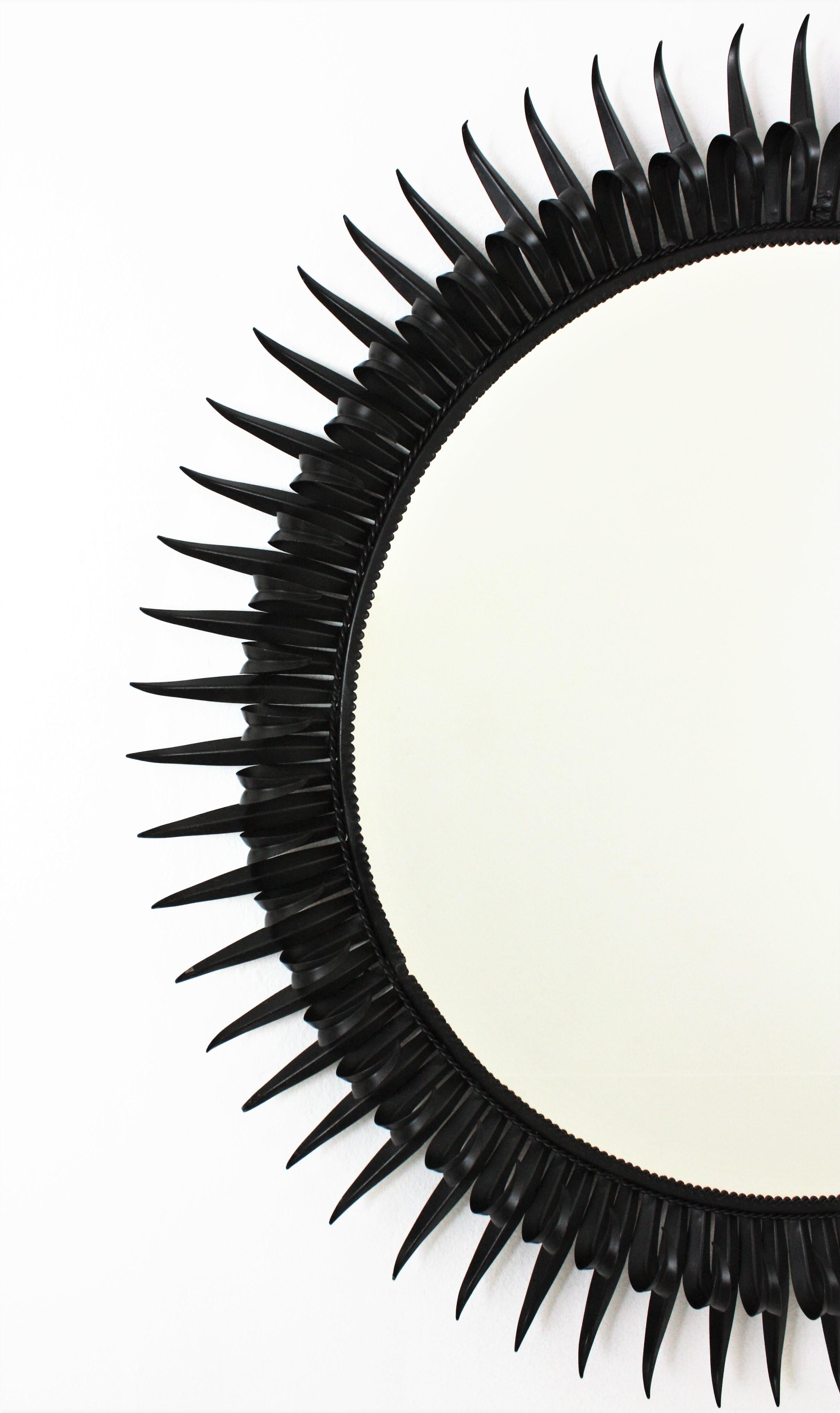 French Sunburst Eyelash Mirror in Black Wrought Iron, Large Scale