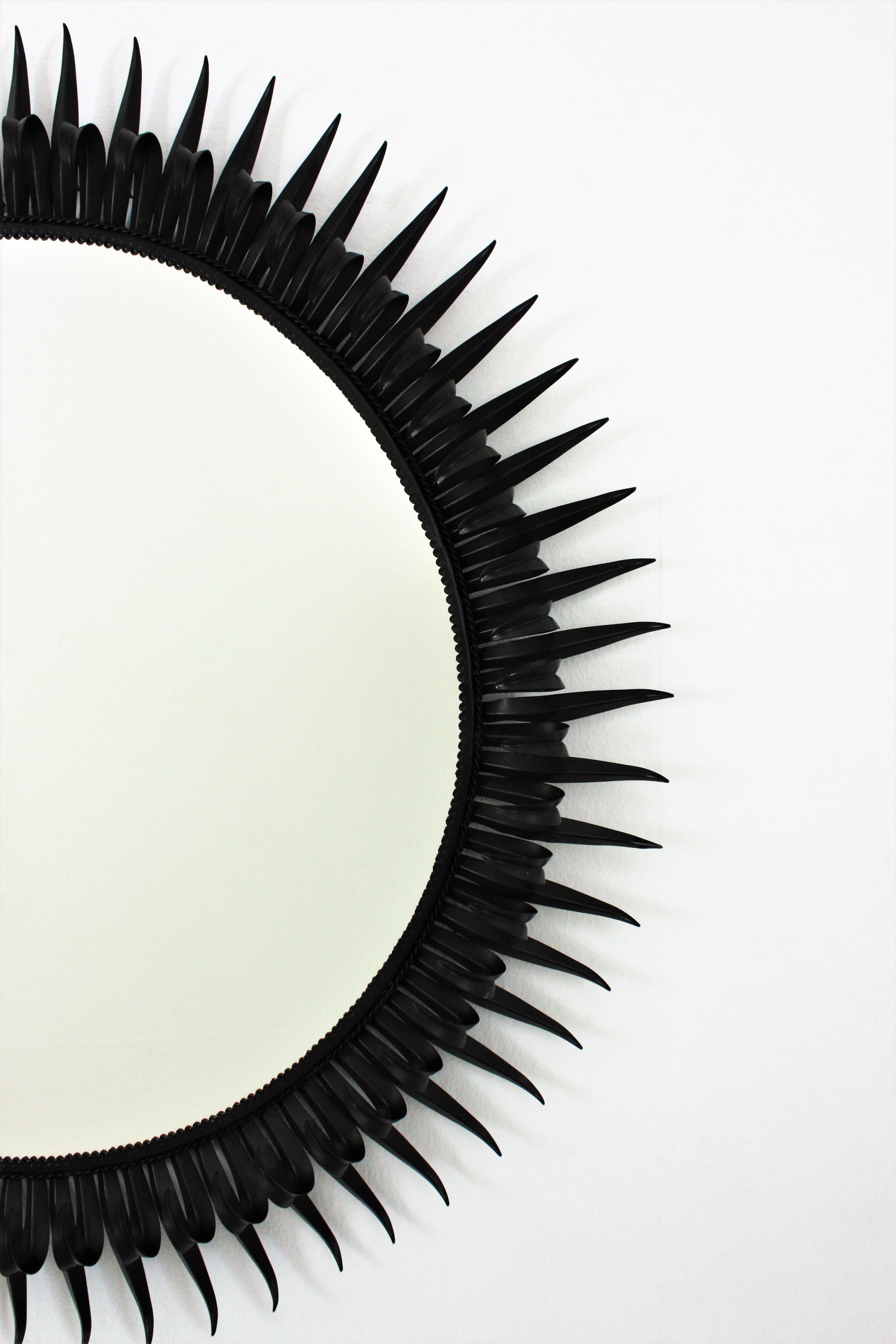 Painted Sunburst Eyelash Mirror in Black Wrought Iron, Large Scale