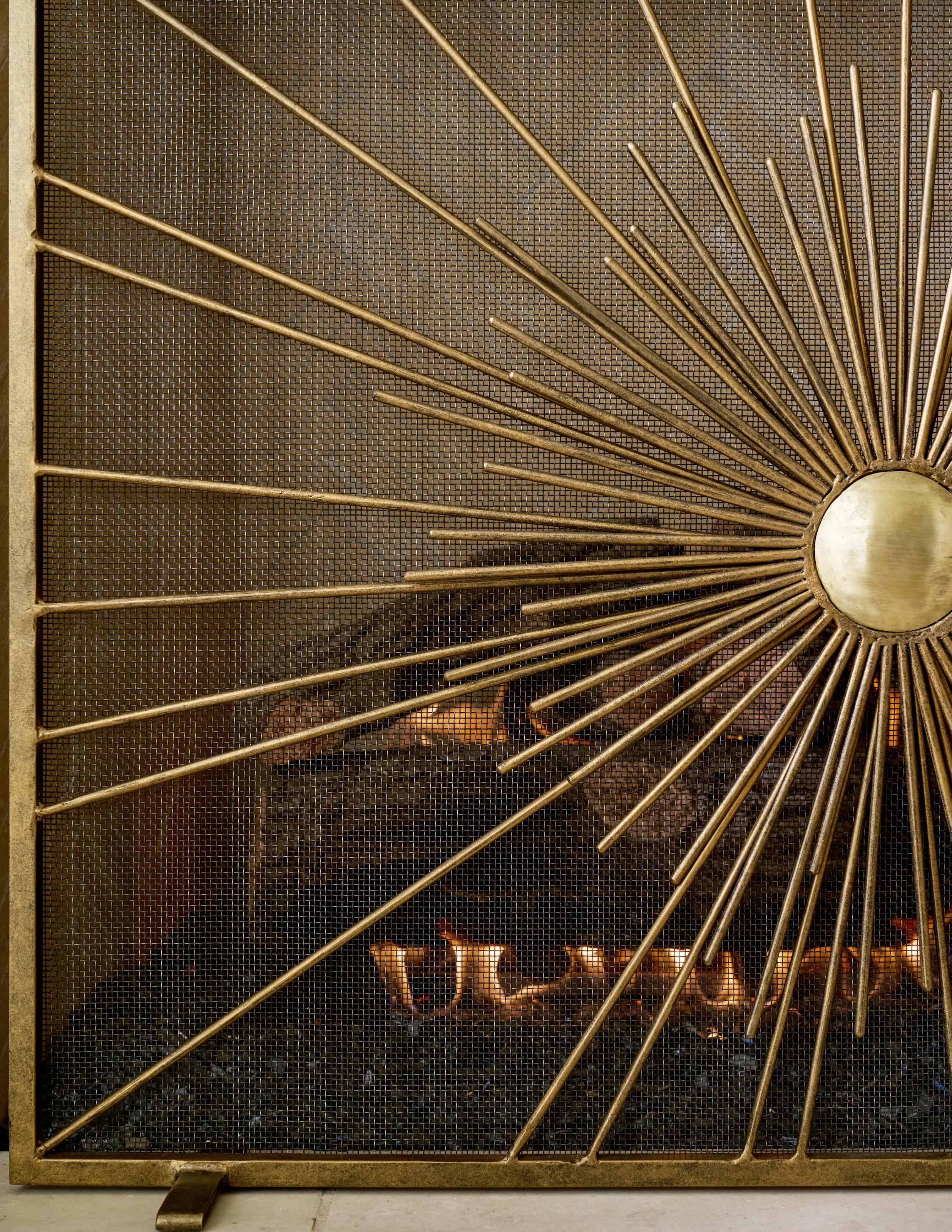 Welded Sunburst Fireplace Screen in Brilliant Gold For Sale