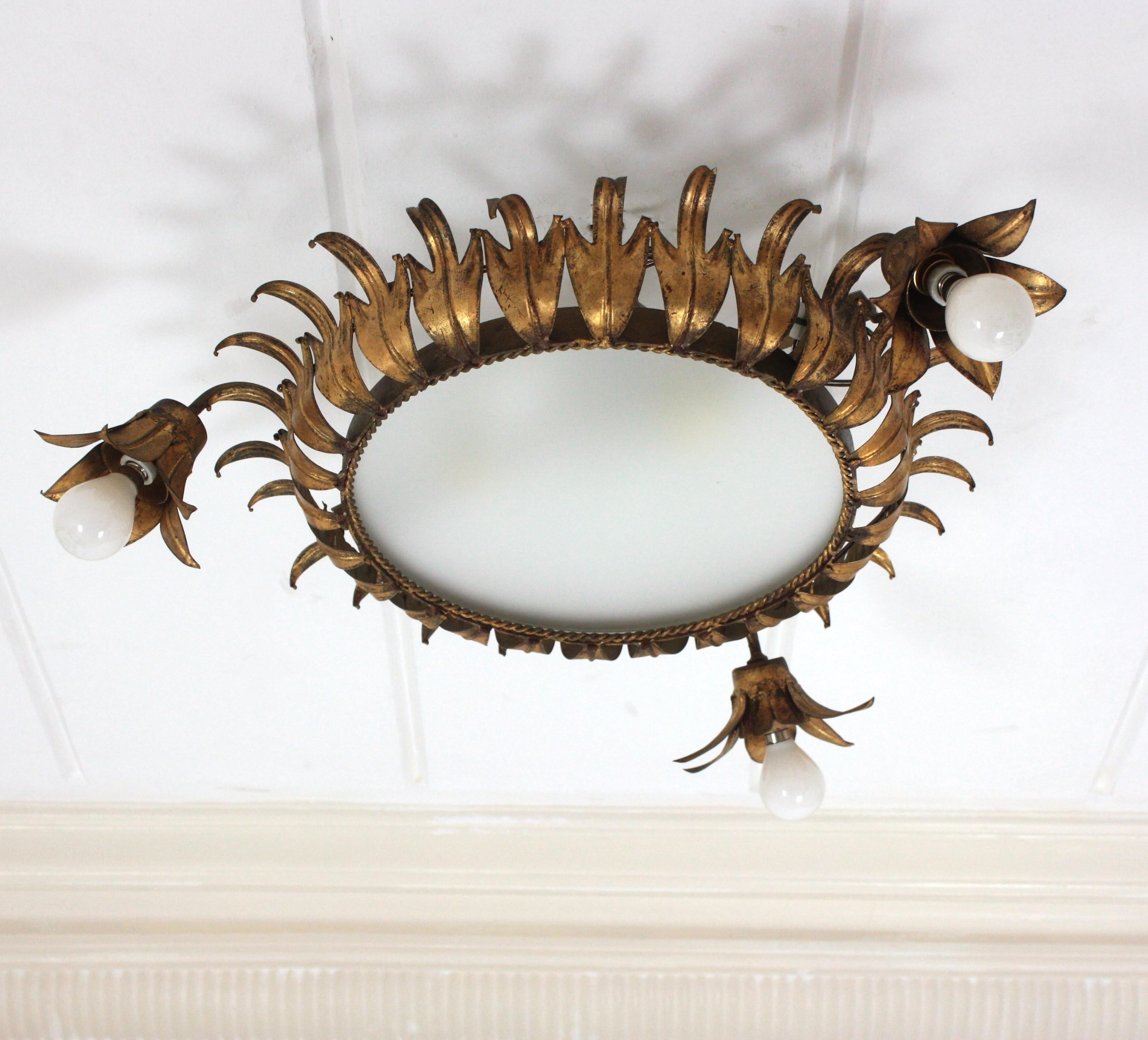 Hand-Crafted Sunburst Floral Foliage Crown Ceiling Light Fixture, Gilt Iron, Spain, 1950s For Sale