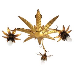 Sunburst Floral Pendant Chandelier / Light Fixture in Gilt Iron, Spain 1950s
