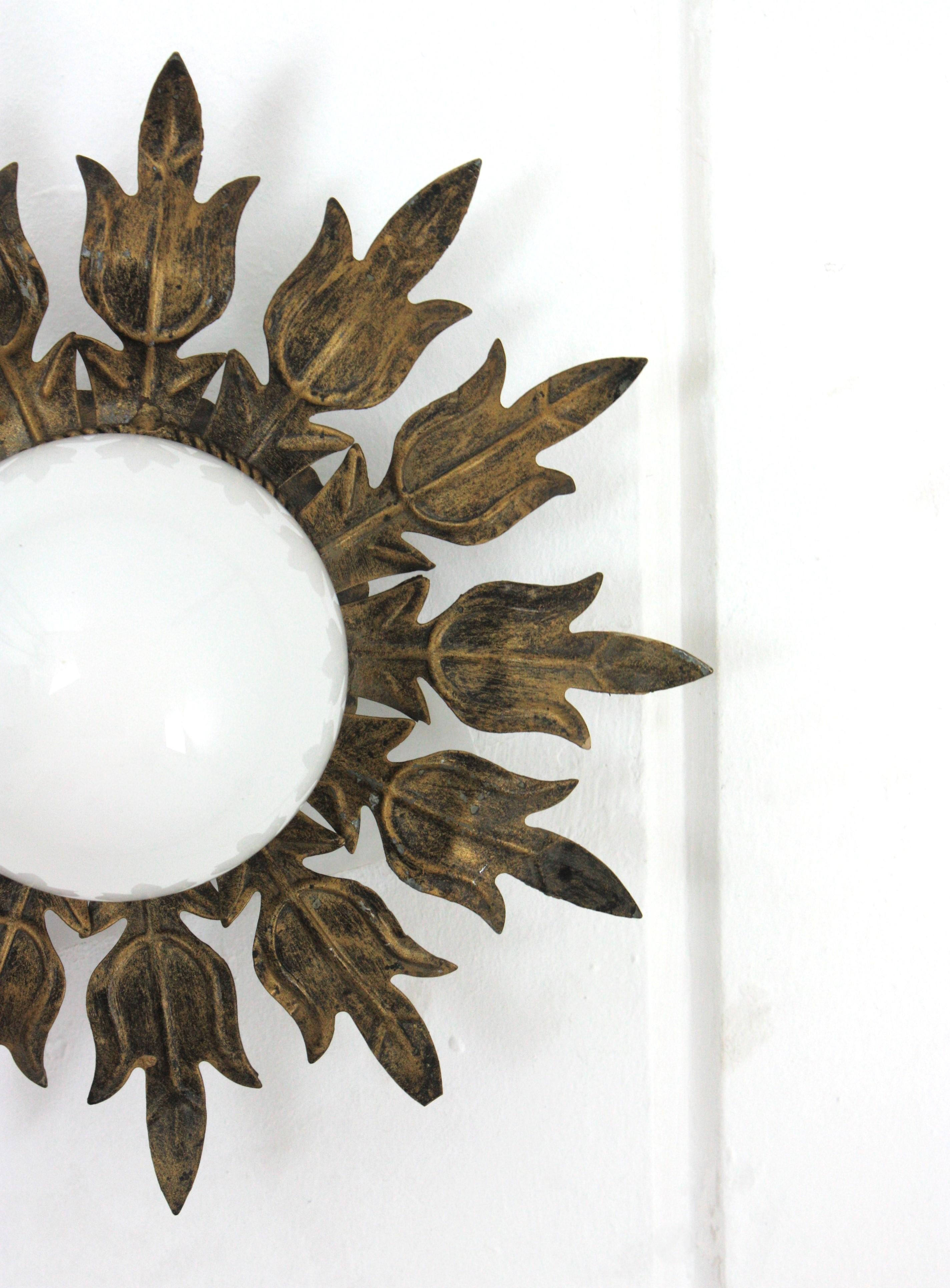 Sunburst Flower Ceiling Light Fixture in Gilt Iron and Milk Glass, 1950s For Sale 3