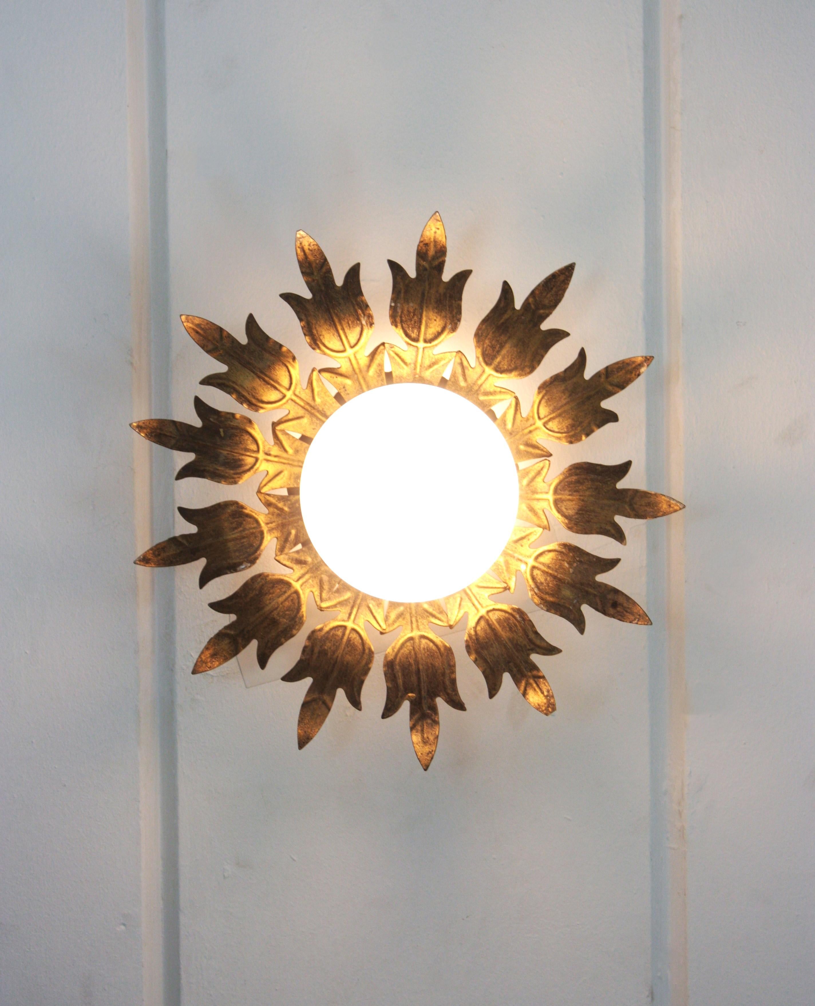 Sunburst Flower Ceiling Light Fixture in Gilt Iron and Milk Glass, 1950s For Sale 4