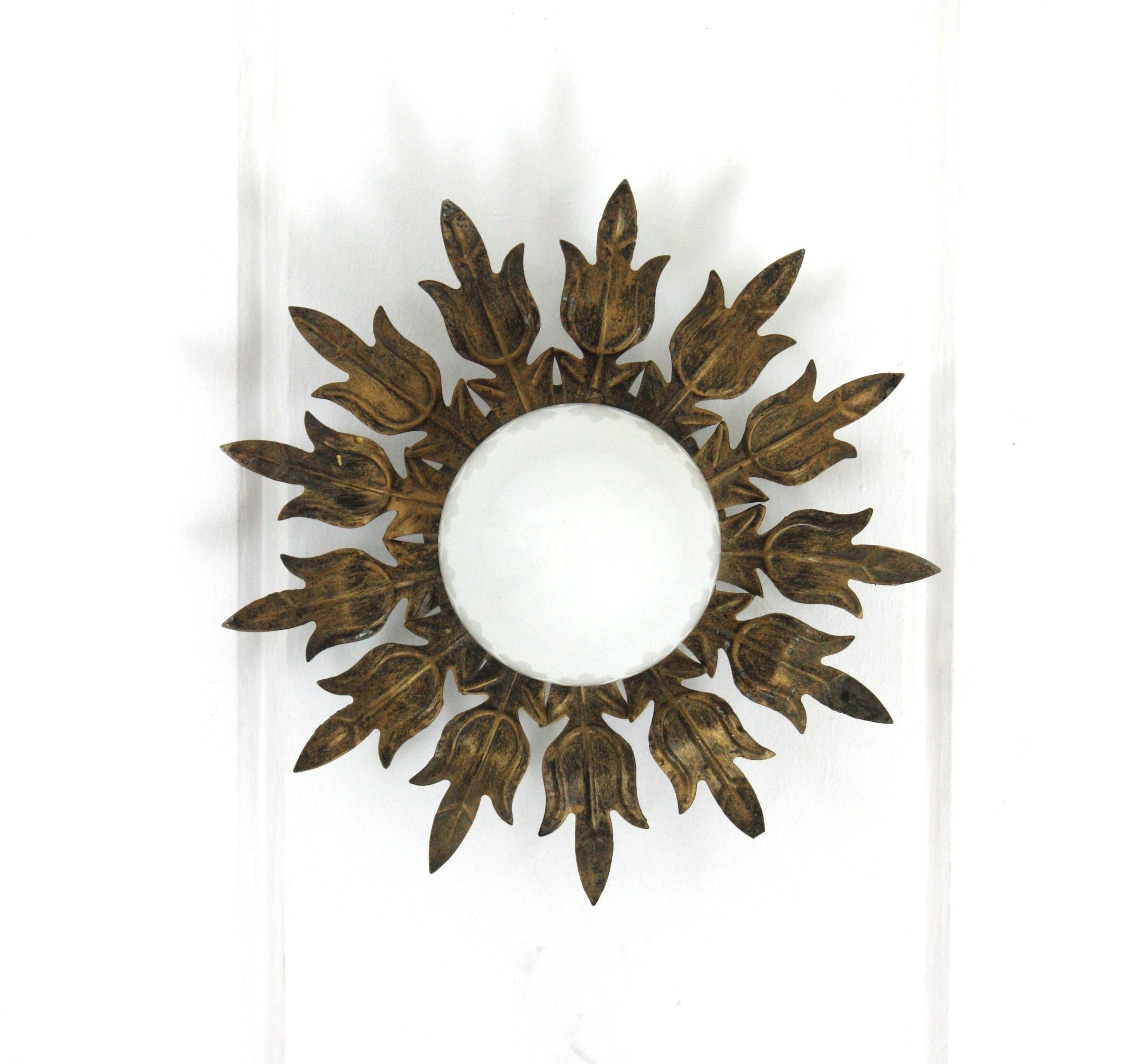 Sunburst Flower Ceiling Light Fixture in Gilt Iron and Milk Glass, 1950s For Sale 5