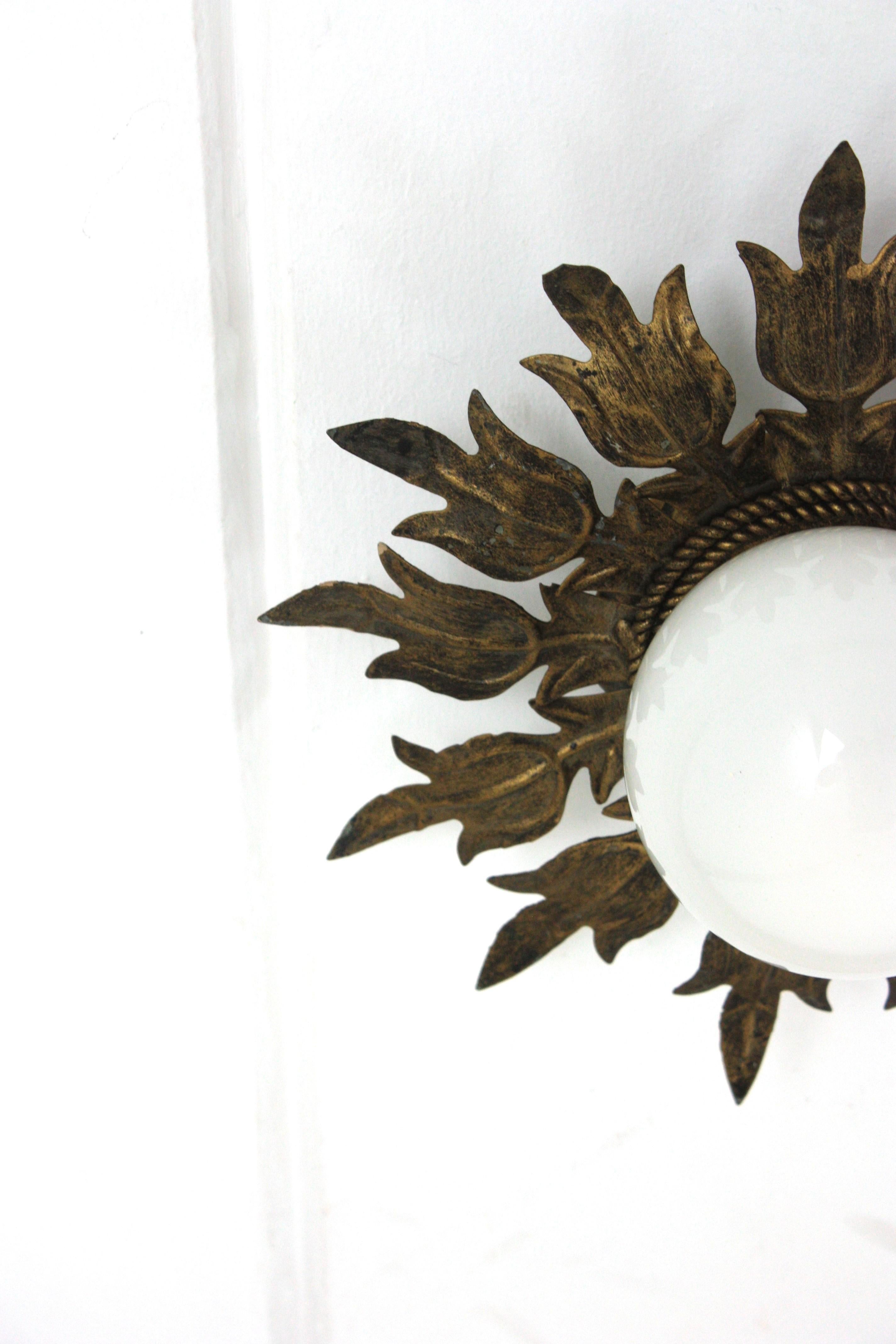 Sunburst Flower Ceiling Light Fixture in Gilt Iron and Milk Glass, 1950s For Sale 6