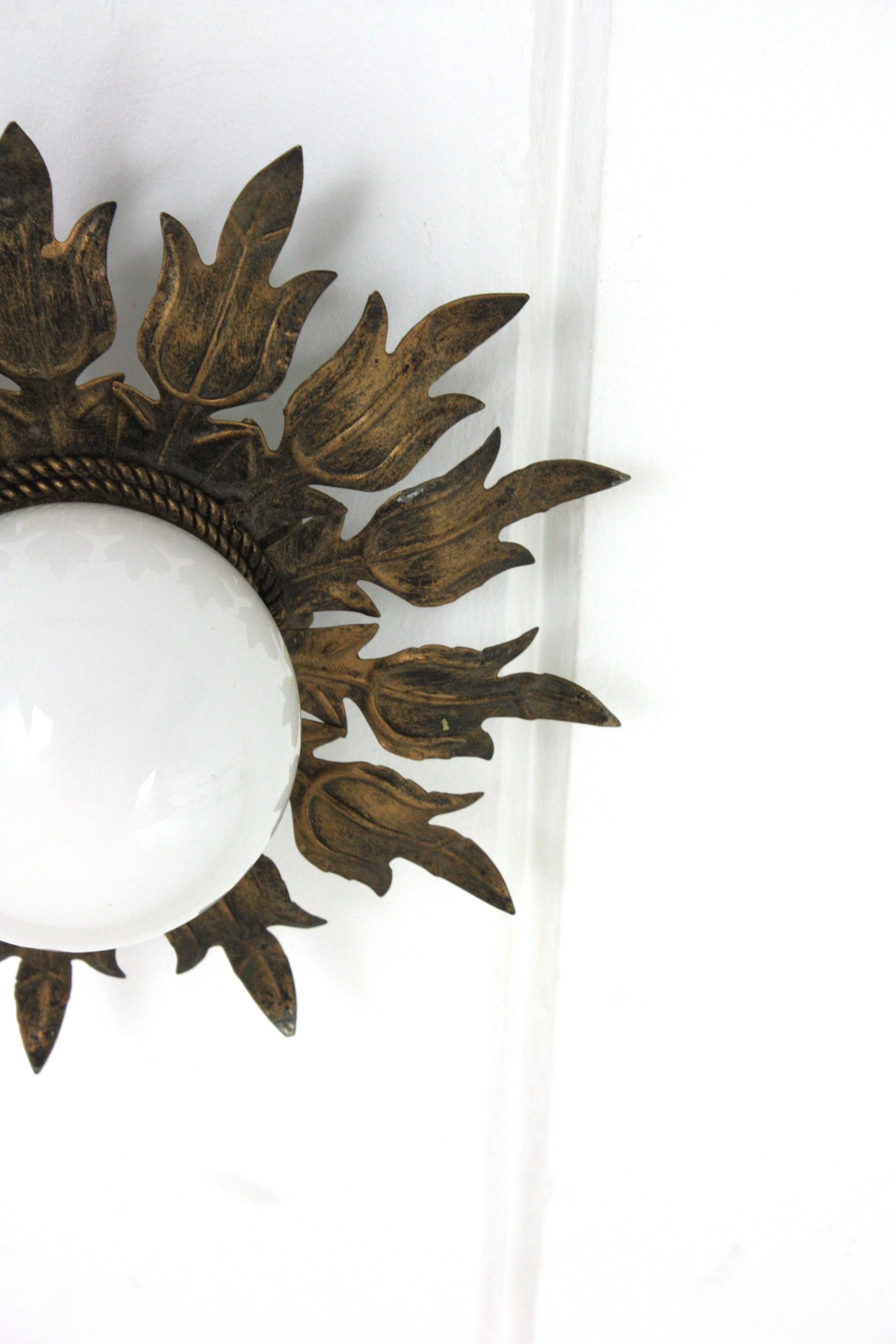 Sunburst Flower Ceiling Light Fixture in Gilt Iron and Milk Glass, 1950s For Sale 7