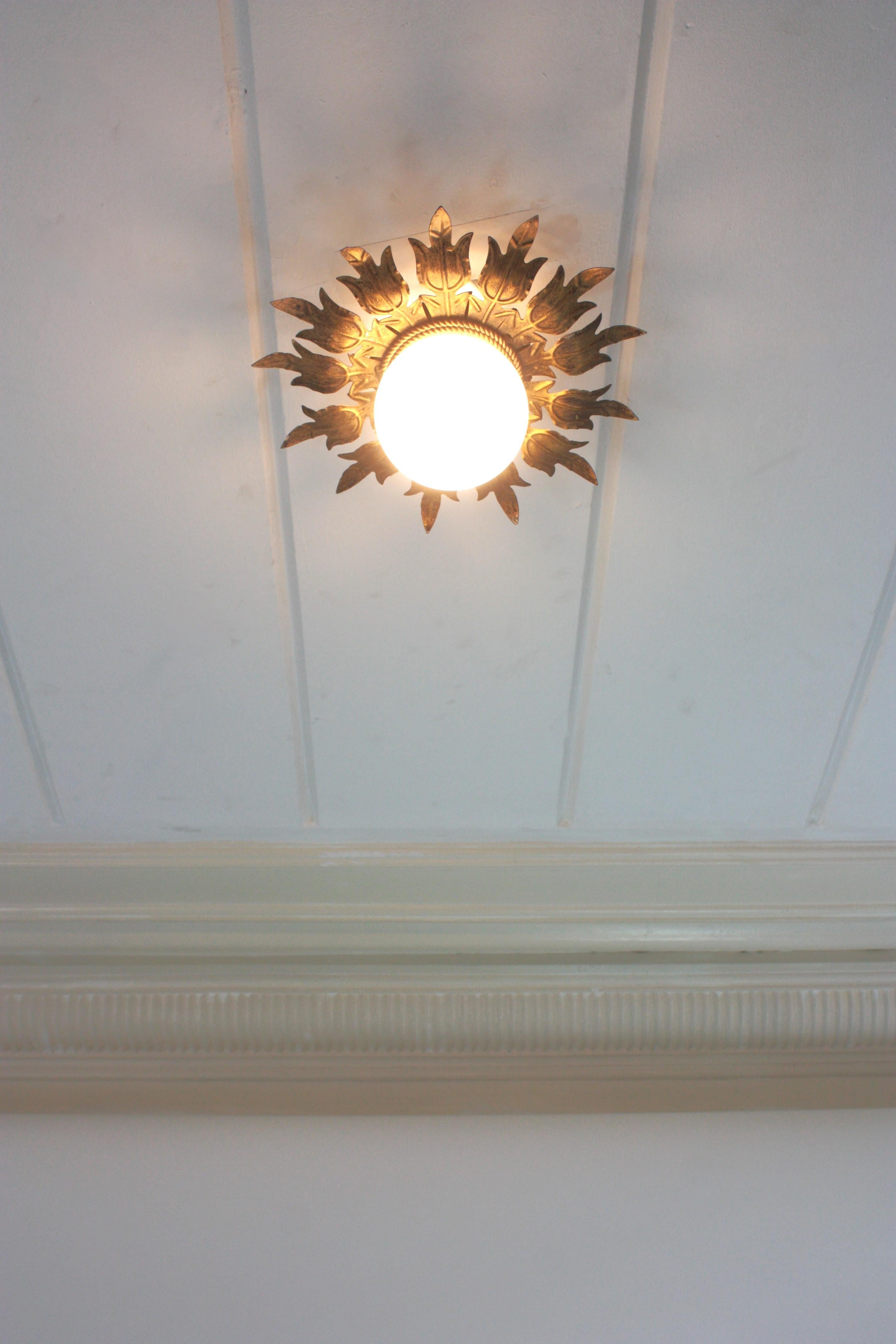 Sunburst Flower Ceiling Light Fixture in Gilt Iron and Milk Glass, 1950s For Sale 9