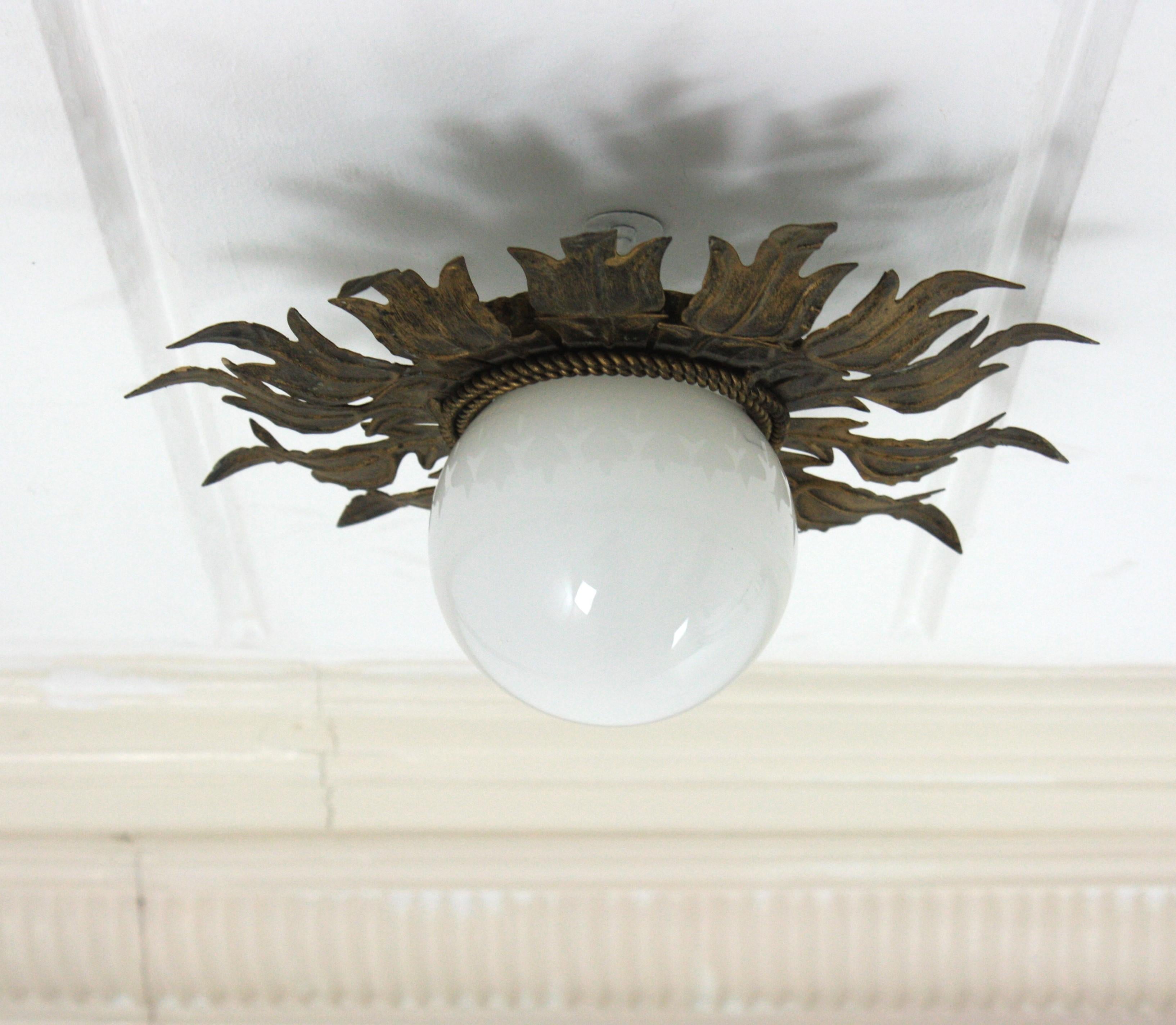 Sunburst Flower Ceiling Light Fixture in Gilt Iron and Milk Glass, 1950s For Sale 10