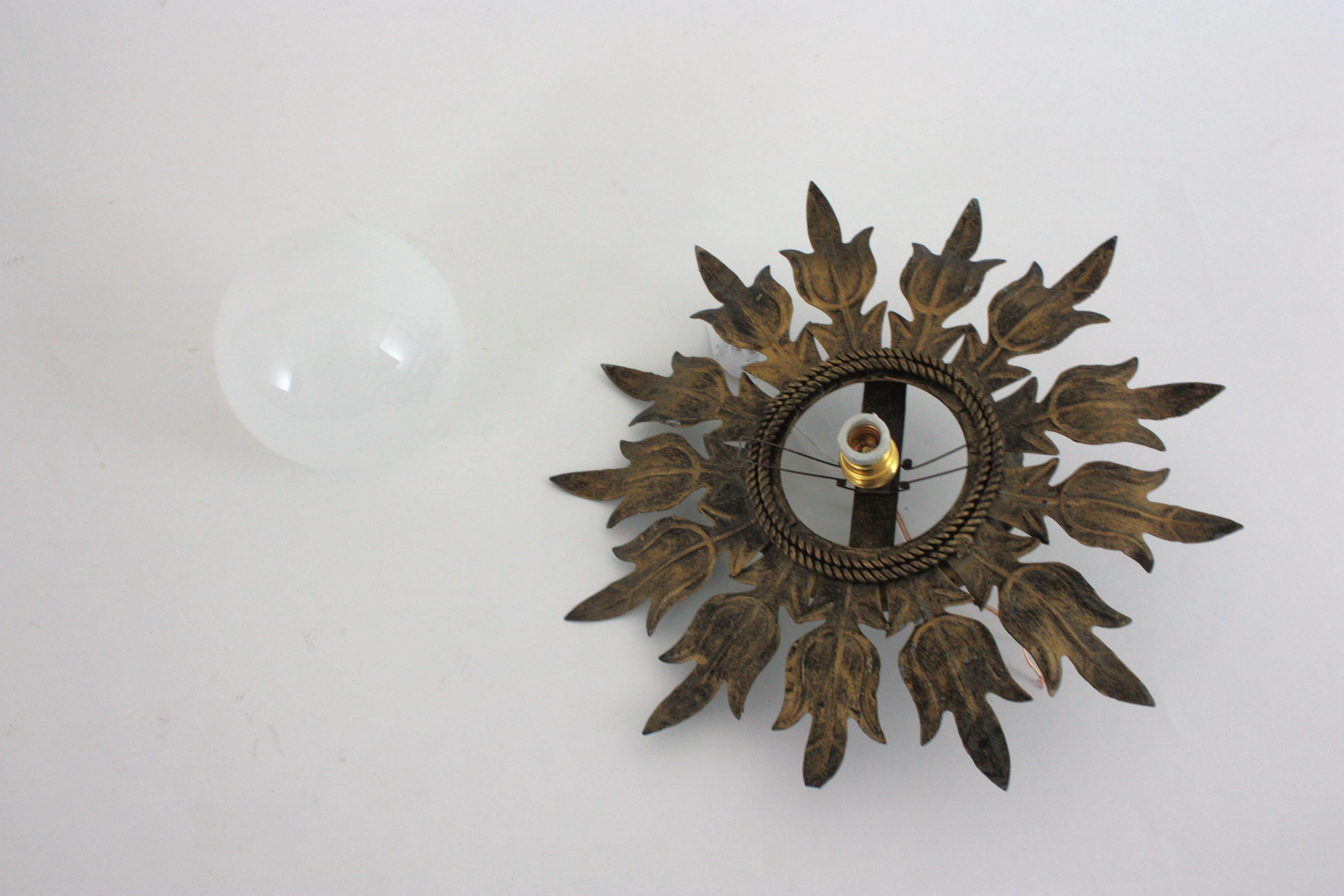 Sunburst Flower Ceiling Light Fixture in Gilt Iron and Milk Glass, 1950s For Sale 11