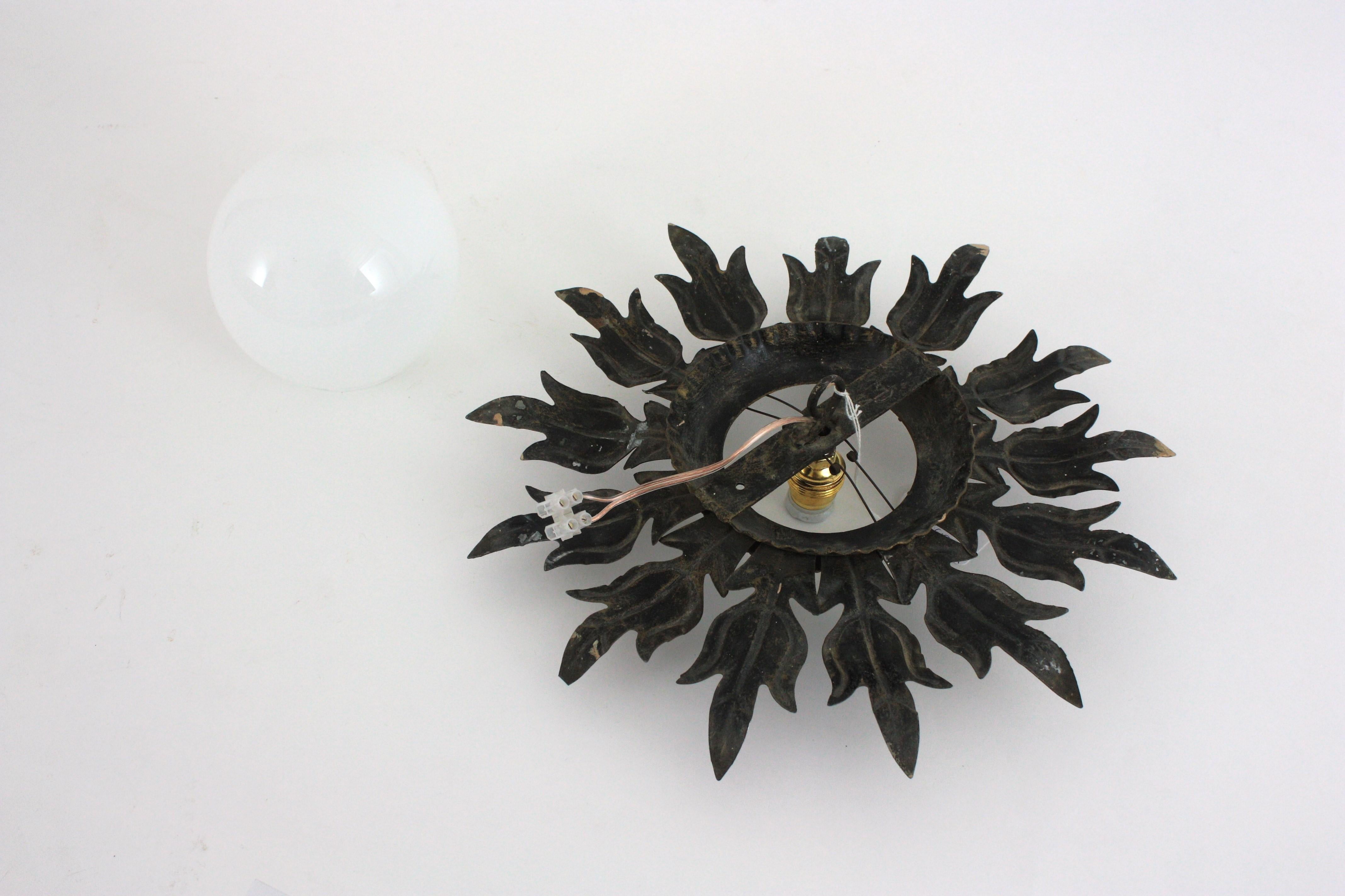 Sunburst Flower Ceiling Light Fixture in Gilt Iron and Milk Glass, 1950s For Sale 12