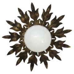Sunburst Flower Ceiling Light Fixture in Gilt Iron and Milk Glass, 1950s