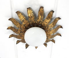 Sunburst Flower Ceiling Light Fixture in Gilt Iron and Milk Glass, 1950s