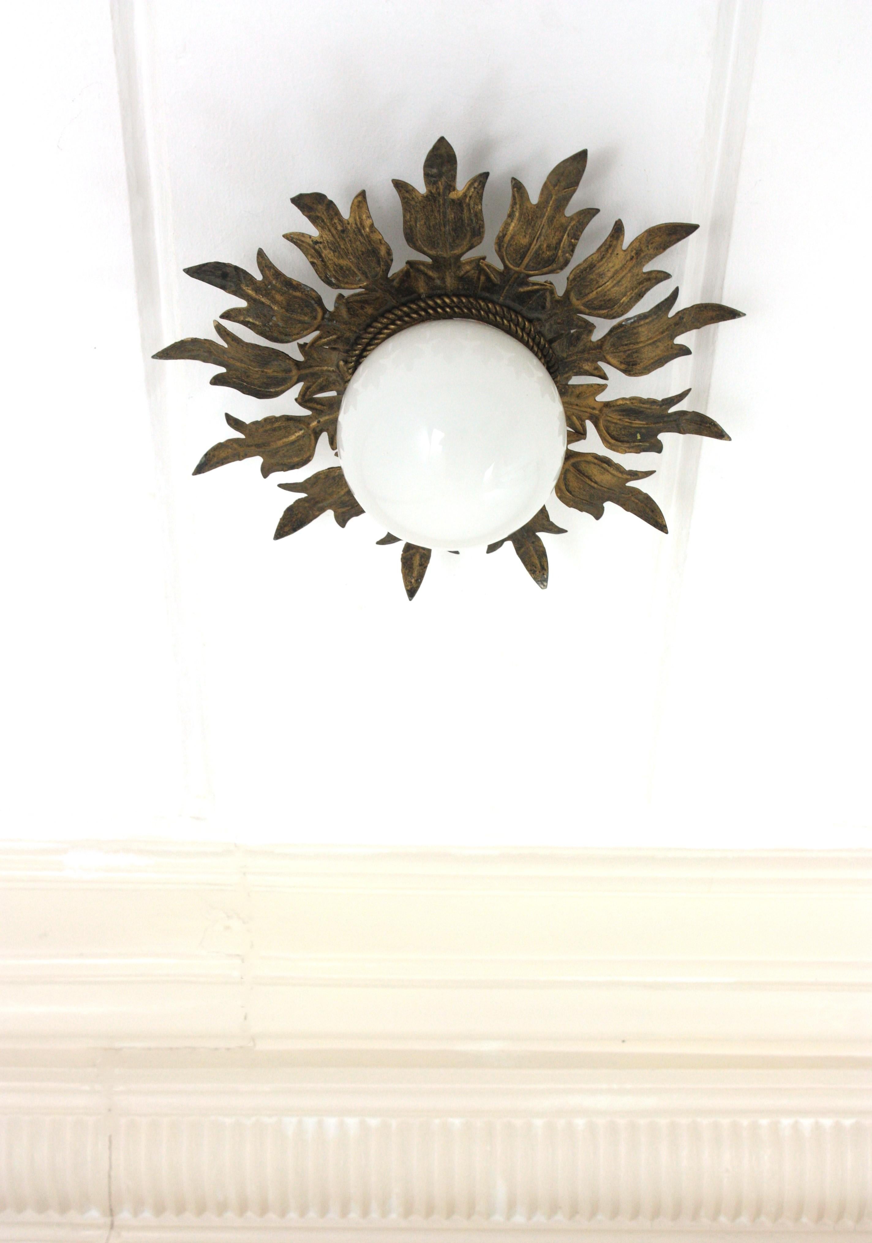 Mid-Century Modern Sunburst Flower Ceiling Light Fixture in Gilt Iron and Milk Glass, 1950s For Sale