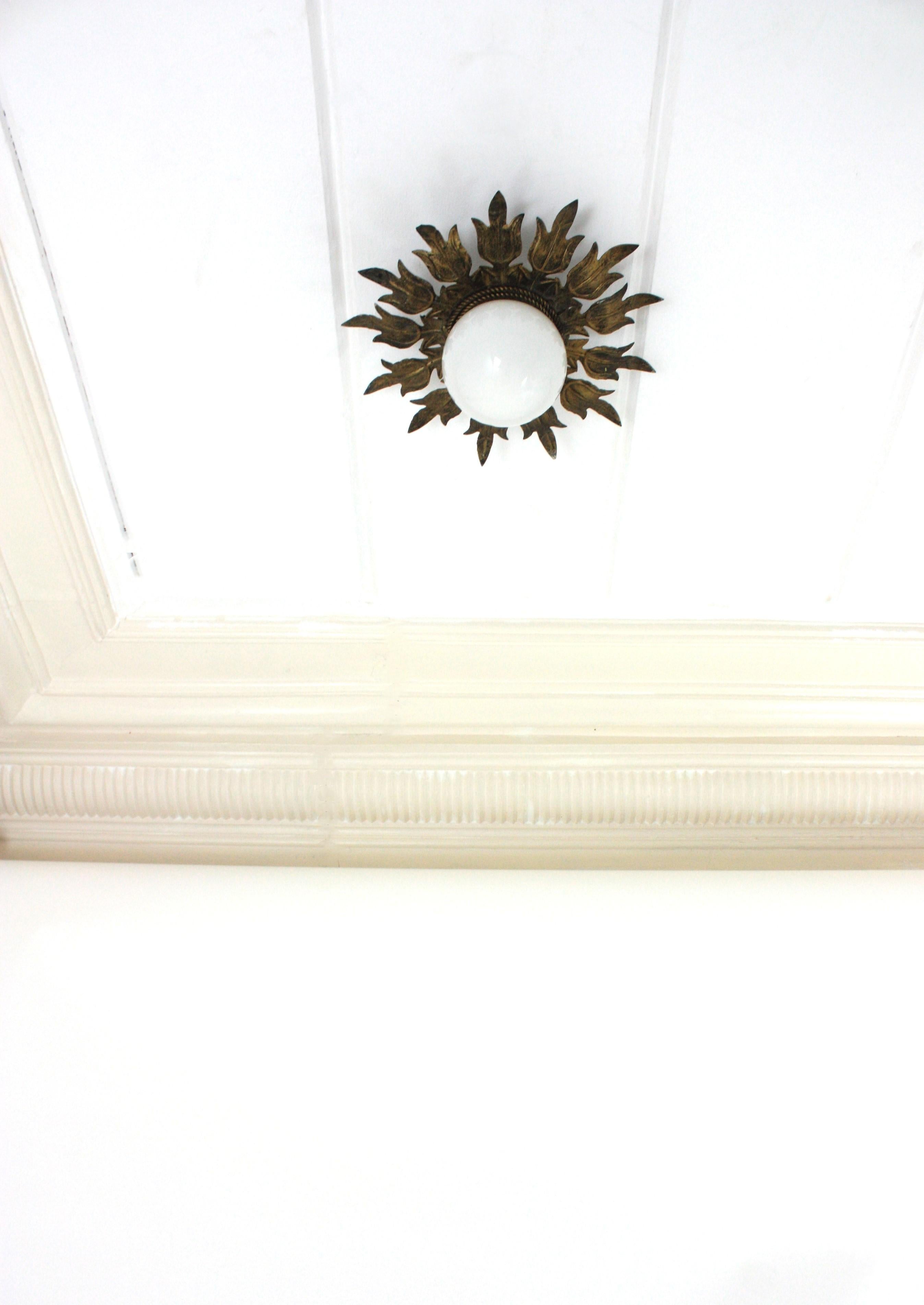 Sunburst Flower Ceiling Light Fixture in Gilt Iron and Milk Glass, 1950s In Good Condition For Sale In Barcelona, ES