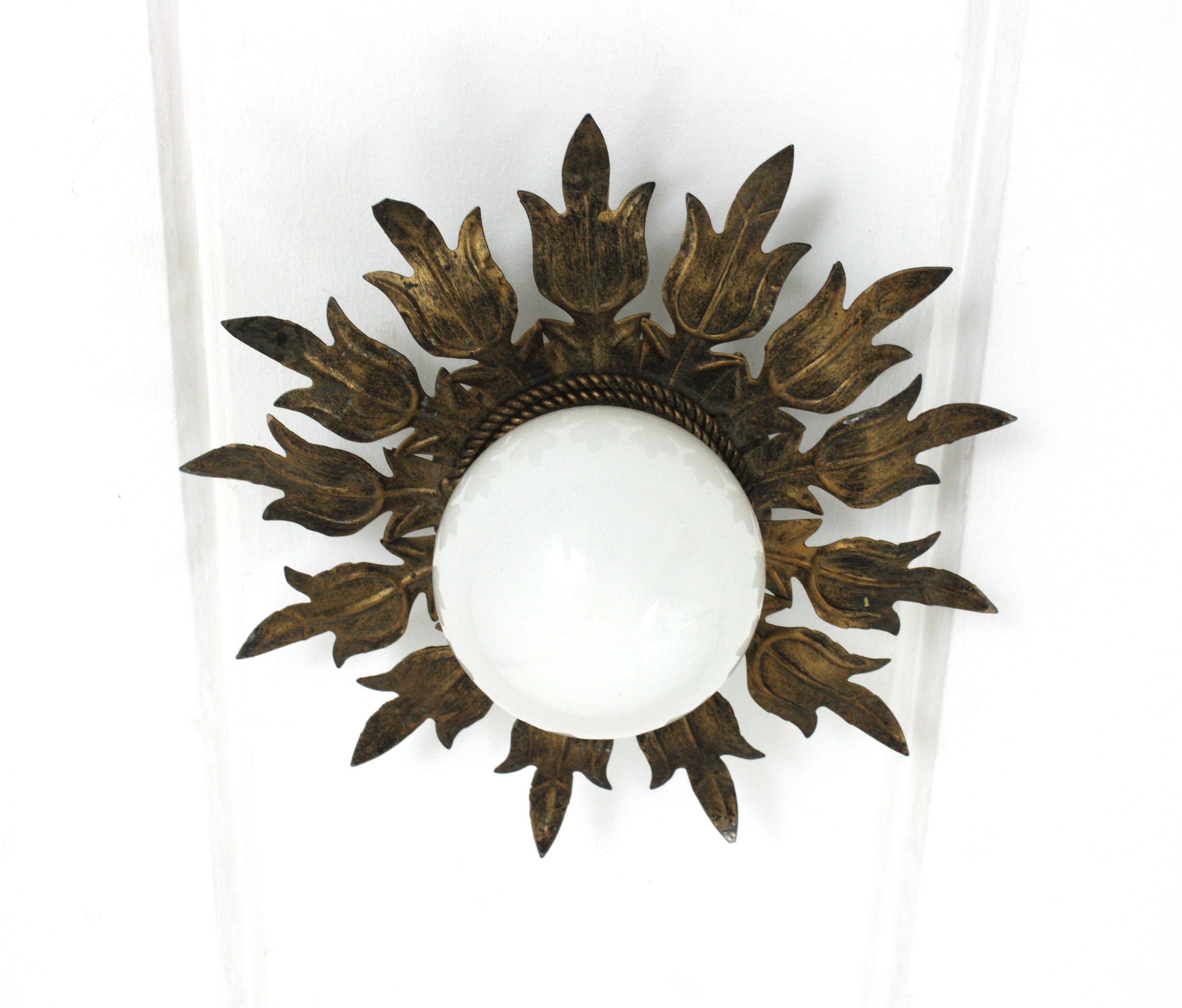 20th Century Sunburst Flower Ceiling Light Fixture in Gilt Iron and Milk Glass, 1950s For Sale