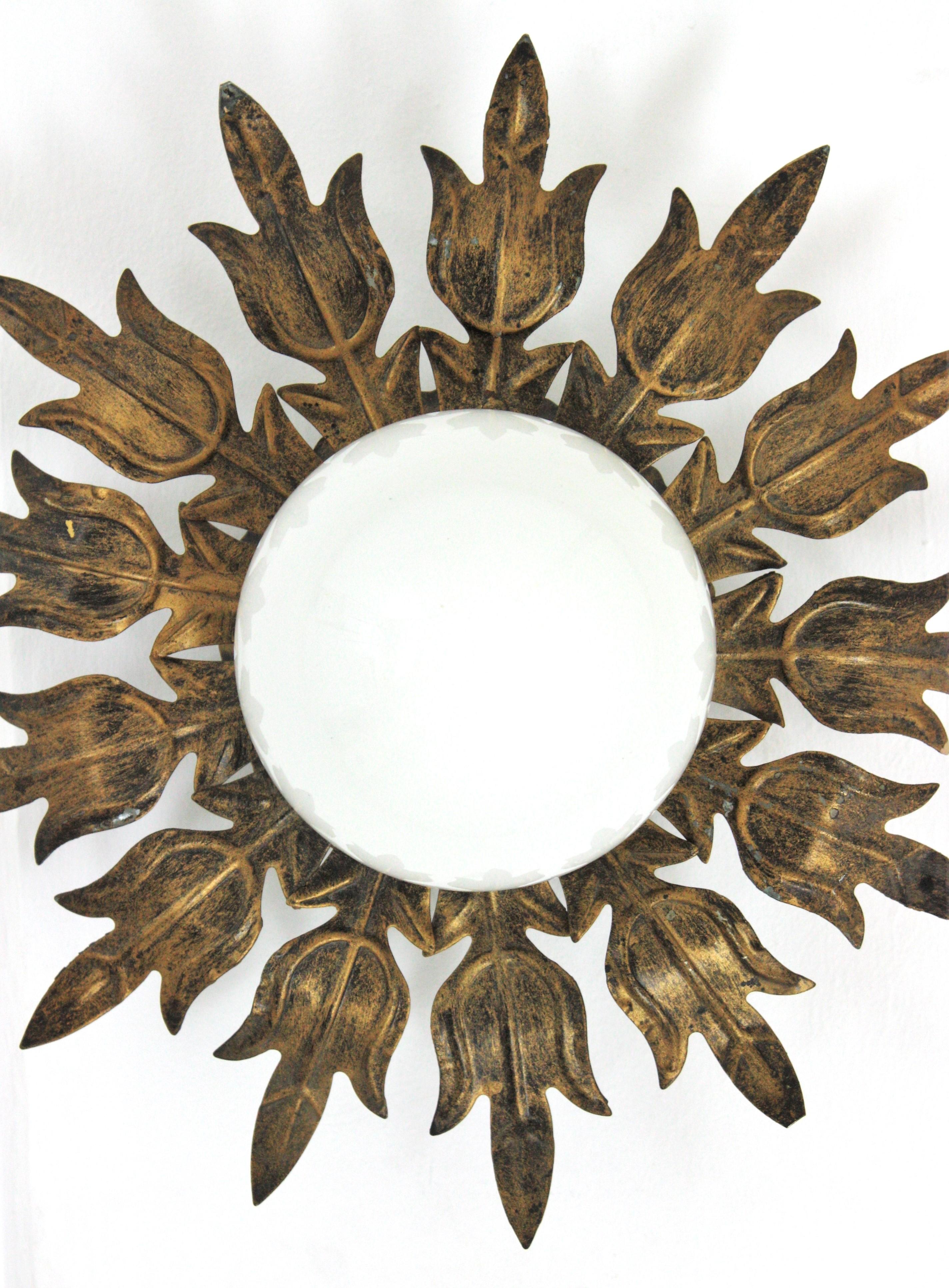 Metal Sunburst Flower Ceiling Light Fixture in Gilt Iron and Milk Glass, 1950s For Sale