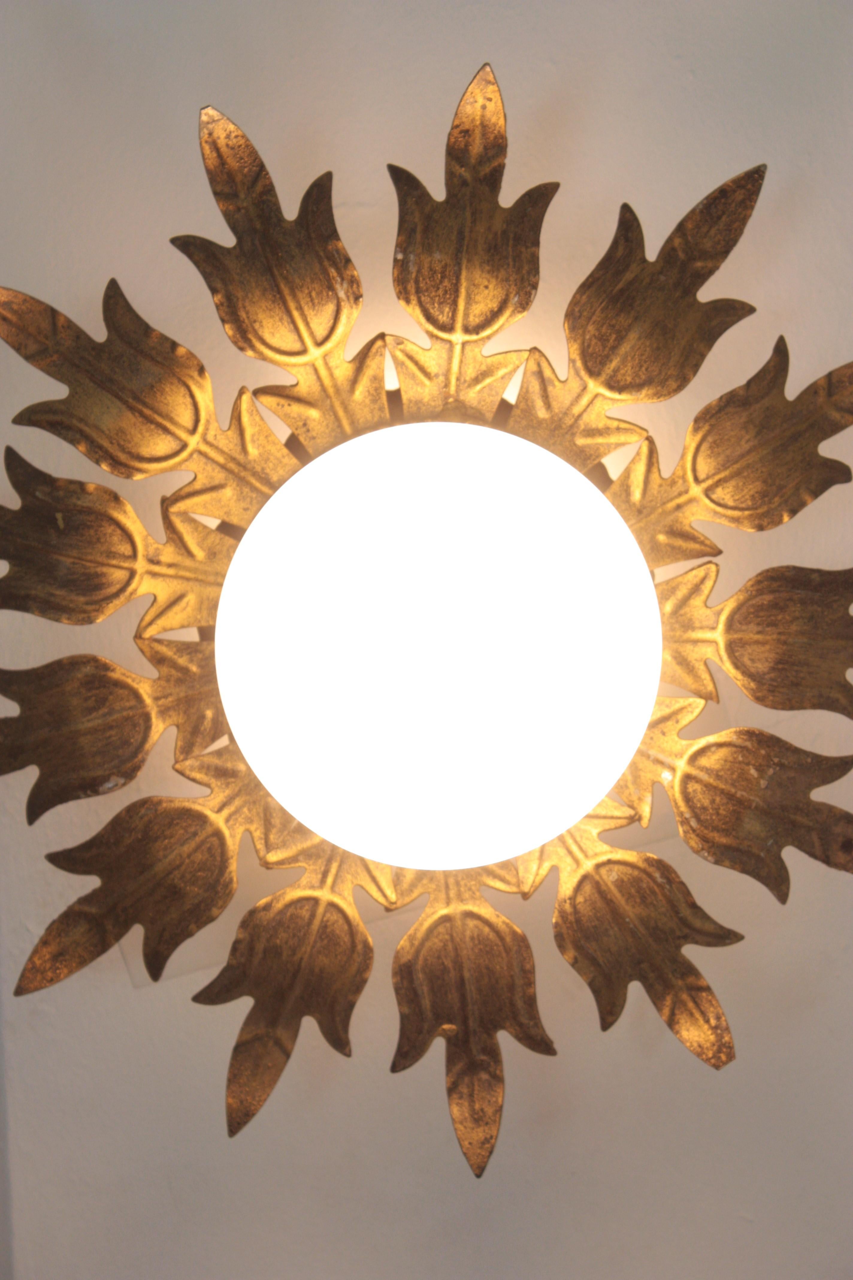 Sunburst Flower Ceiling Light Fixture in Gilt Iron and Milk Glass, 1950s For Sale 1