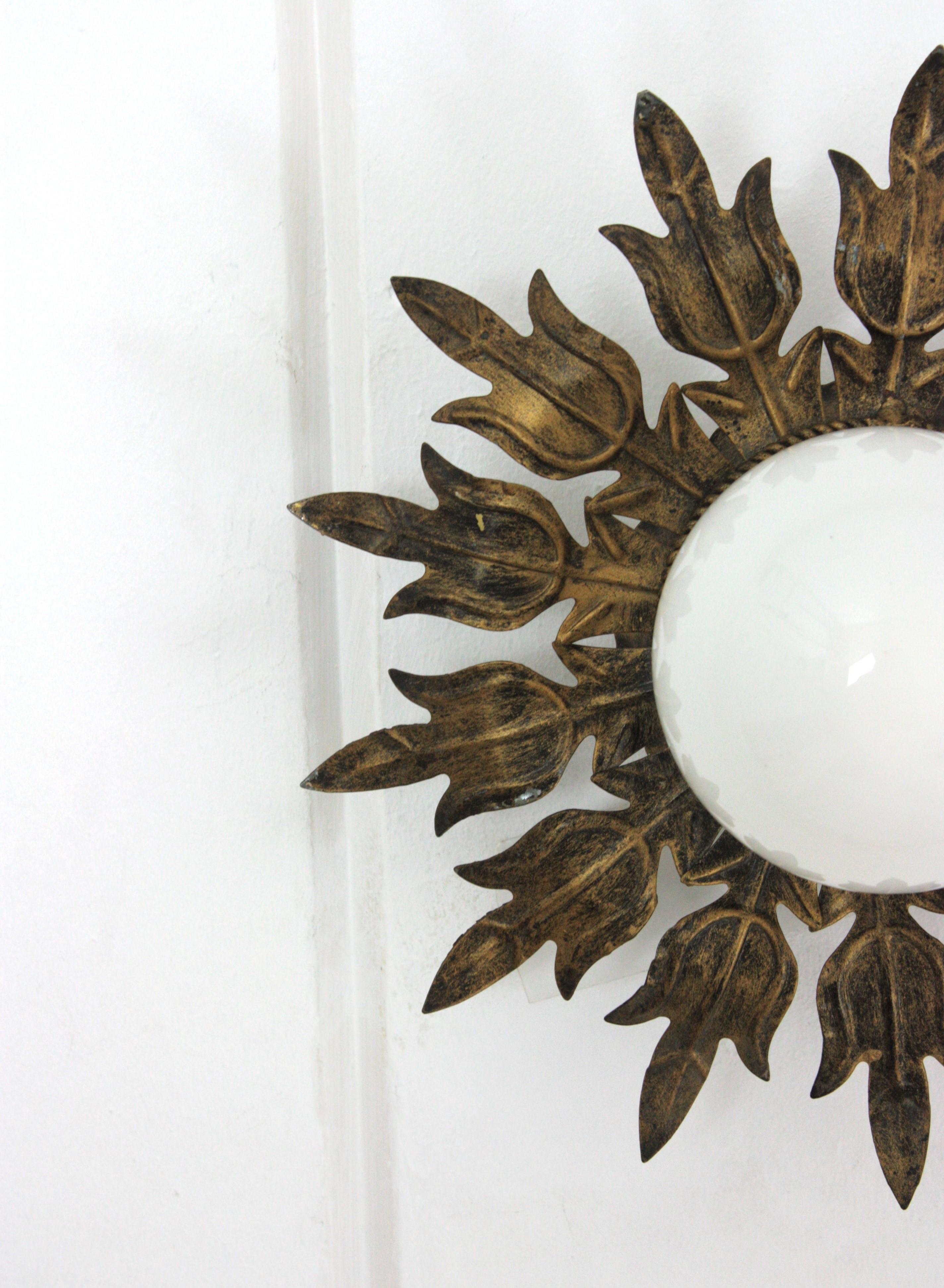 Sunburst Flower Ceiling Light Fixture in Gilt Iron and Milk Glass, 1950s For Sale 2