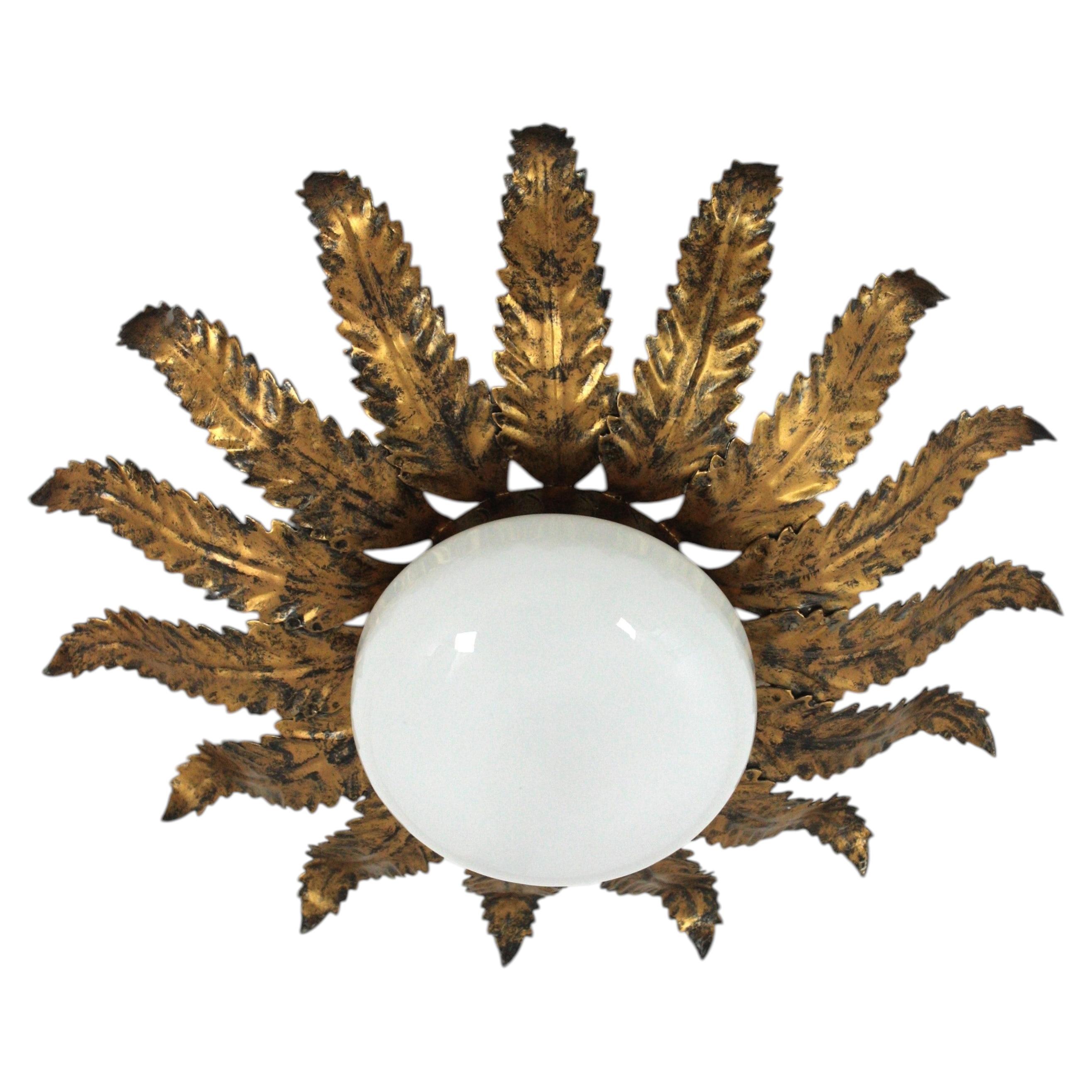 Sunburst Flower Ceiling Light Fixture in Gilt Iron and Milk Glass, 1950s