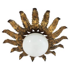 Sunburst Flower Ceiling Light Fixture in Gilt Iron and Milk Glass, 1950s