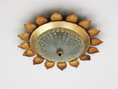 Sunburst Flower Flush Mount in Gilt Metal and Pressed Glass