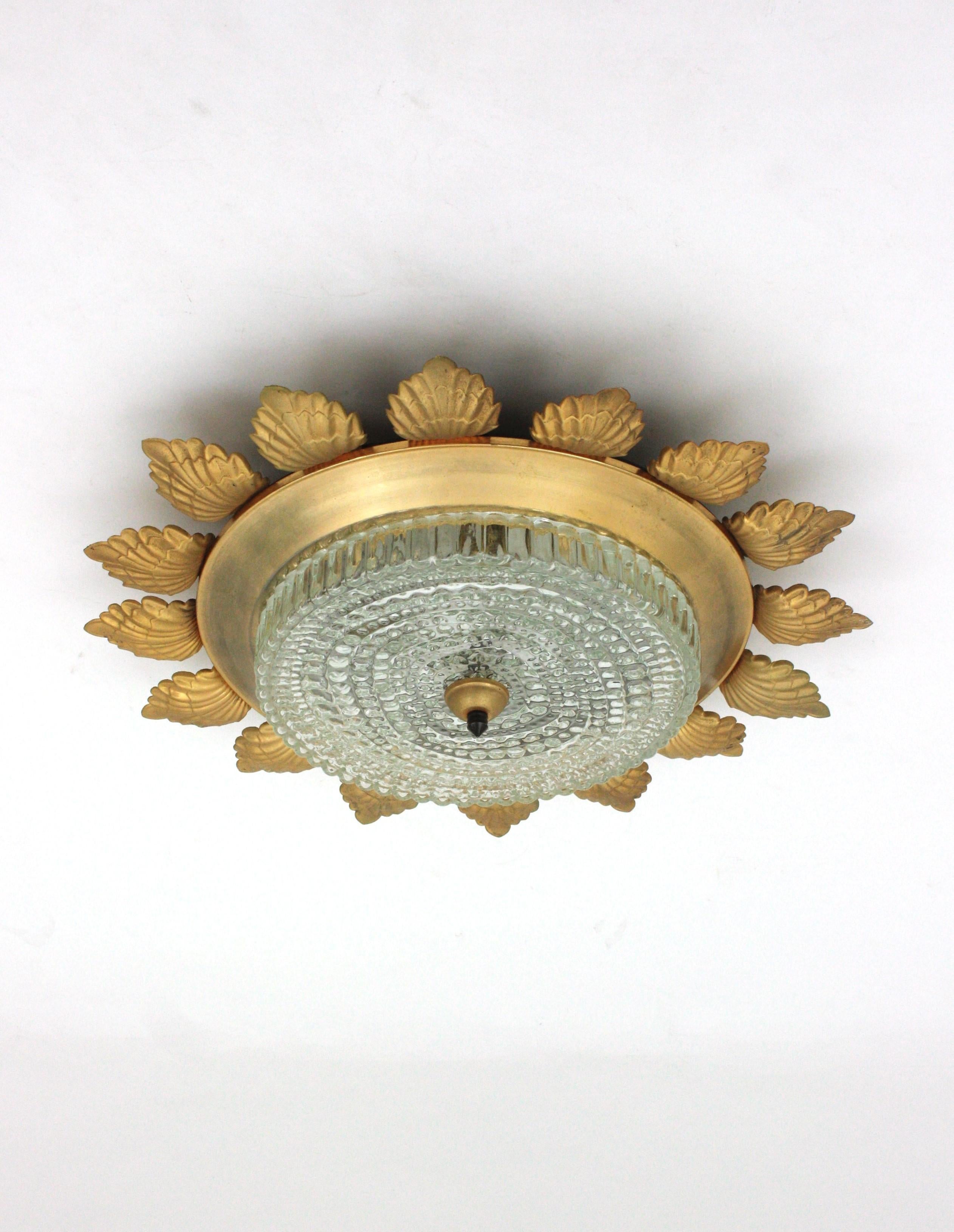 Sunburst Flower Flush Mount Light Fixture in Gilt Metal and Pressed Glass For Sale 4